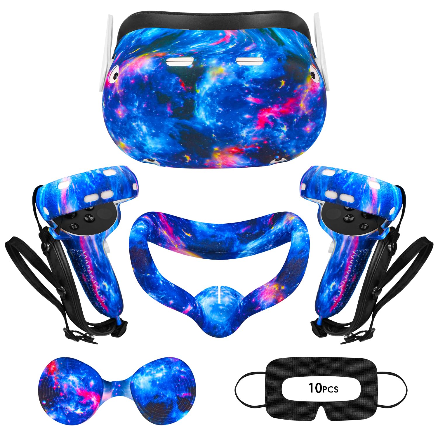 Oculus Quest 2 VR Accessories Set - Silicone Face Cover, Controller Grip, Protective Shell, Lens Cover & 10 Disposable Eye Masks (Galaxy Design) - Enhance Comfort & Hygiene for Extended VR Gaming Sessions
