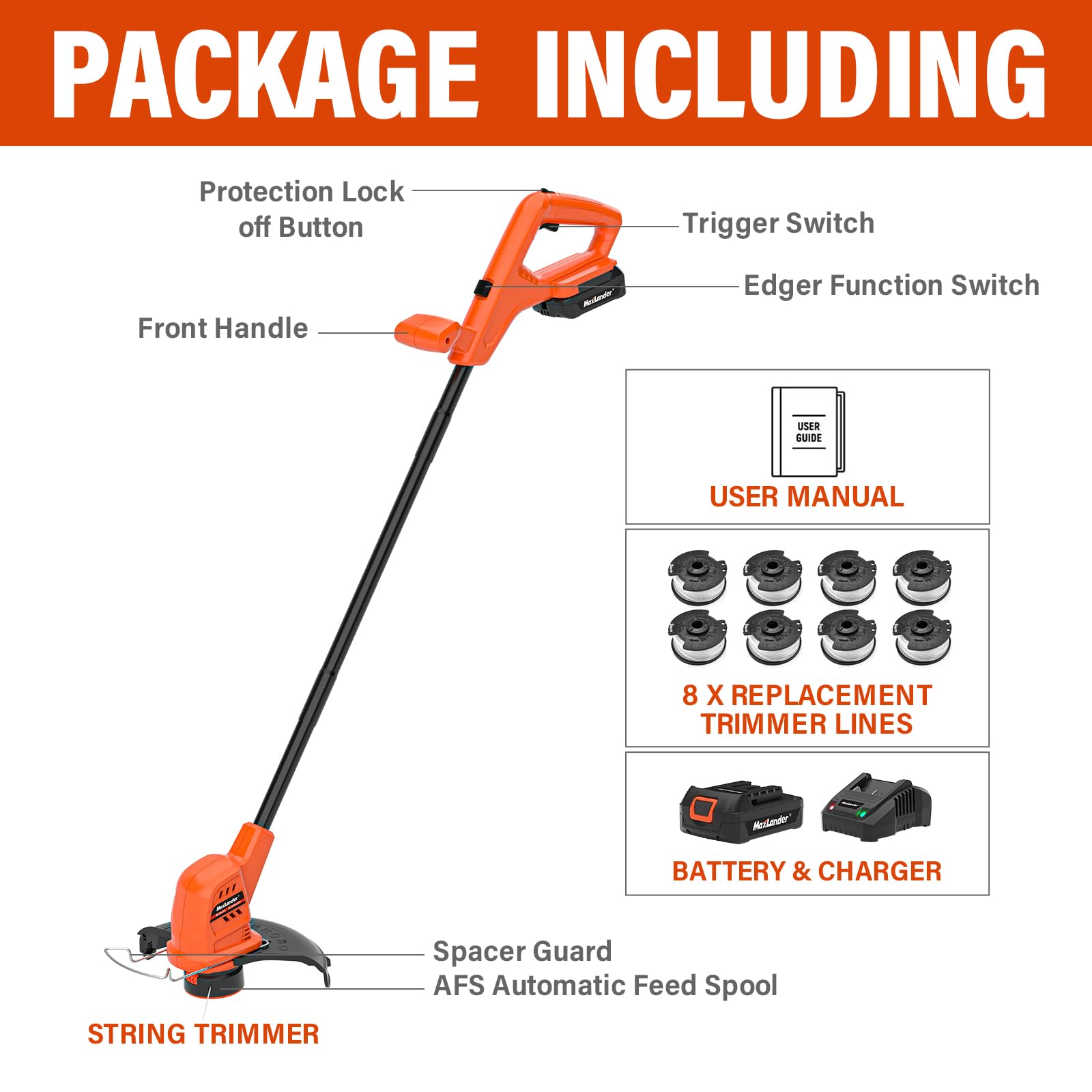 MAXLANDER 20V Cordless Weed Wacker - 10 Inch Lightweight Battery Powered String Trimmer & Edger with 8 Replacement Spool Trimmer Lines, Battery & Charger Included - Perfect for Lawn Care, Yard Maintenance & Garden Trimming
