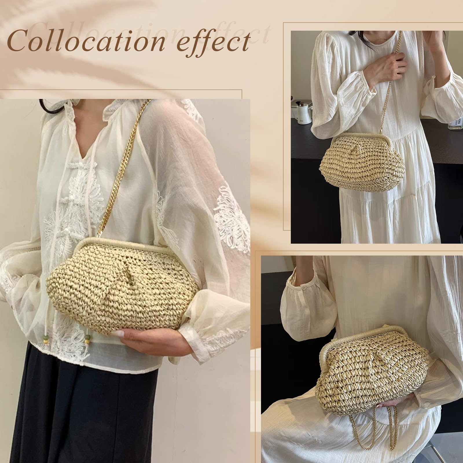 Straw Clutch Purse for Women - Handwoven Dumpling Crossbody Bag, Summer Beach Tote, Boho Chic Woven Straw Handbag for Casual Outings, Vacations & Date Nights