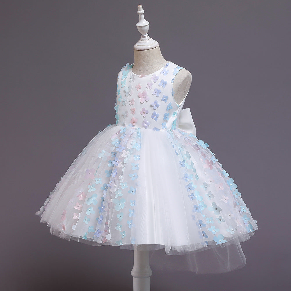 Elegant A-Line Tea Length Tulle Flower Girl Dress with Floral Appliques & Bow - Perfect for Weddings, Bridal Showers & Special Occasions