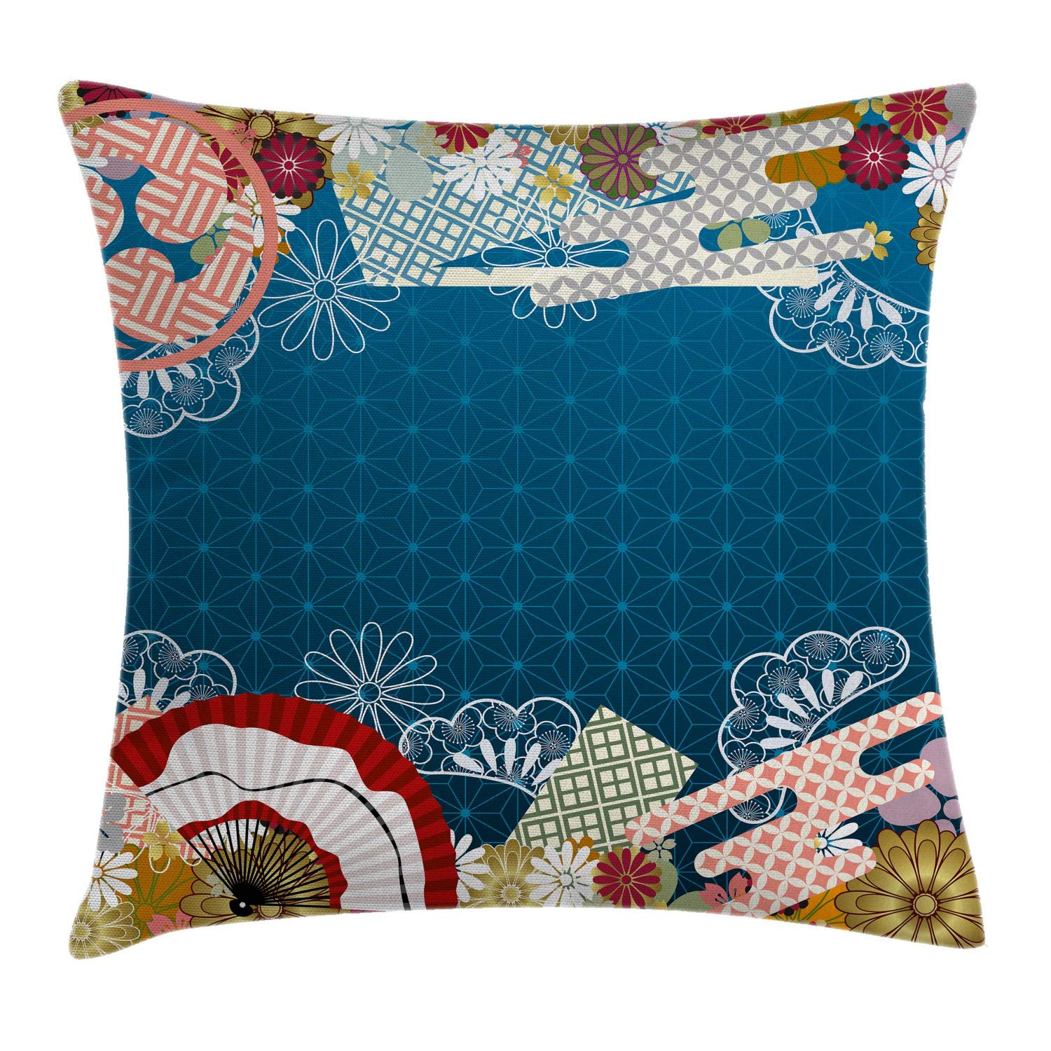 Ambesonne Modern Throw Pillow Cover 24x24 Inch - Japanese Floral Hand Fan Design on Pastel Background, Decorative Square Cushion Case for Sofa, Bed, Living Room - Multicolor Home Decor Accent Pillow