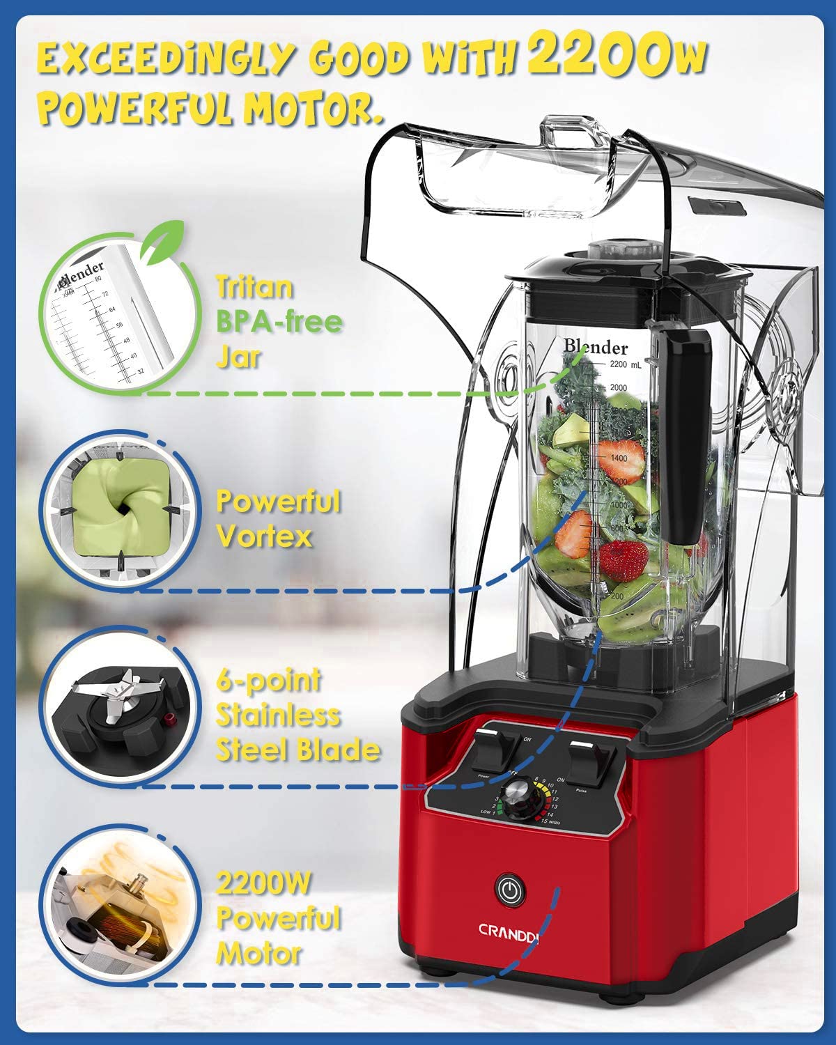 2200W Commercial Quiet Blender - Professional Countertop Blender with BPA-Free 80oz Pitcher, 15-Speed & Pulse Control - Ideal for Smoothies, Juices, Soups - Perfect for Restaurants, Cafes & Home Kitchens (K90 Red)