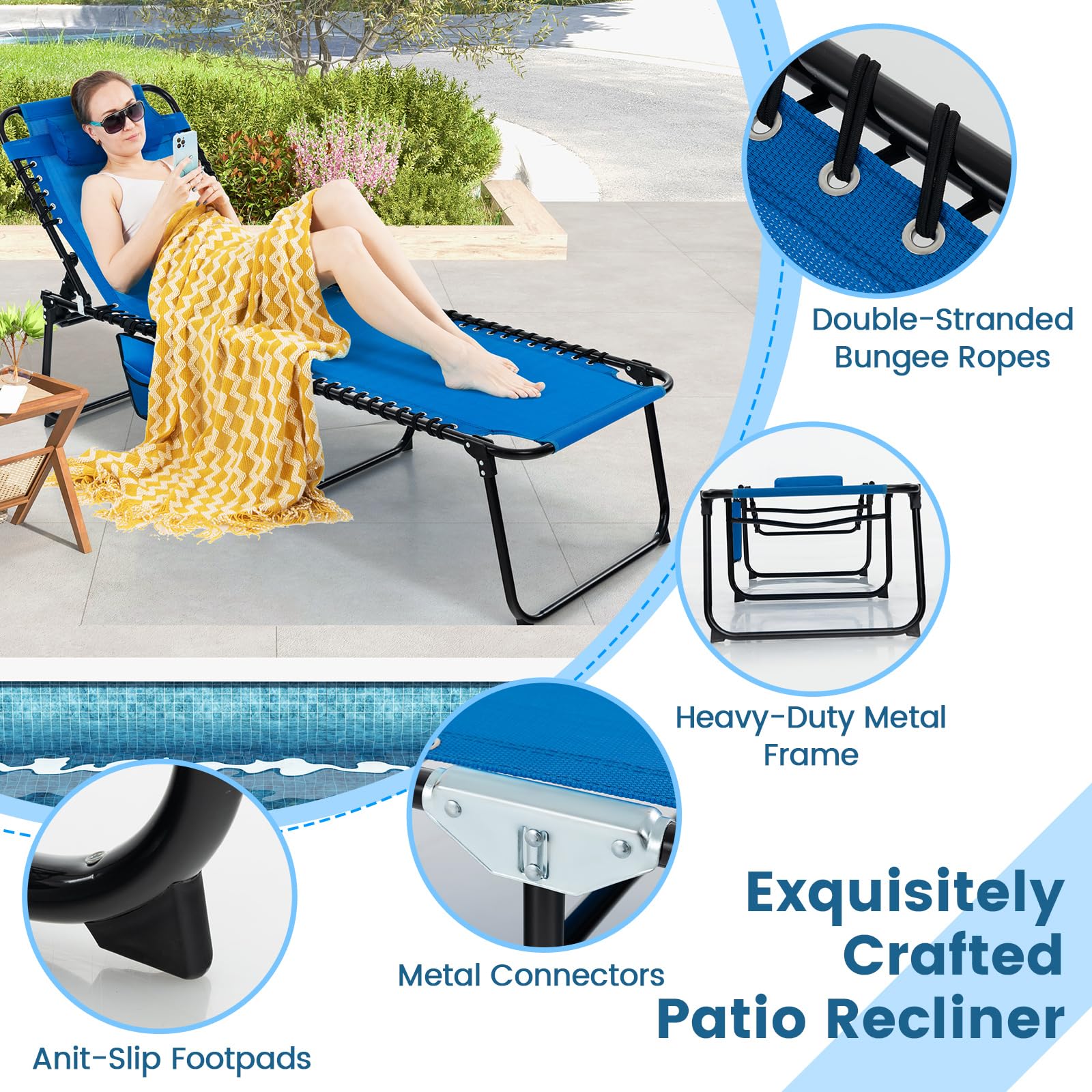 Goplus 5-Position Adjustable Chaise Lounge Chair with Detachable Pillow & Side Pocket - Outdoor Folding Beach Chair for Tanning, Patio, Lawn, Pool & Yard - Perfect for Sunbathing, Relaxing by the Pool or Backyard Lounging