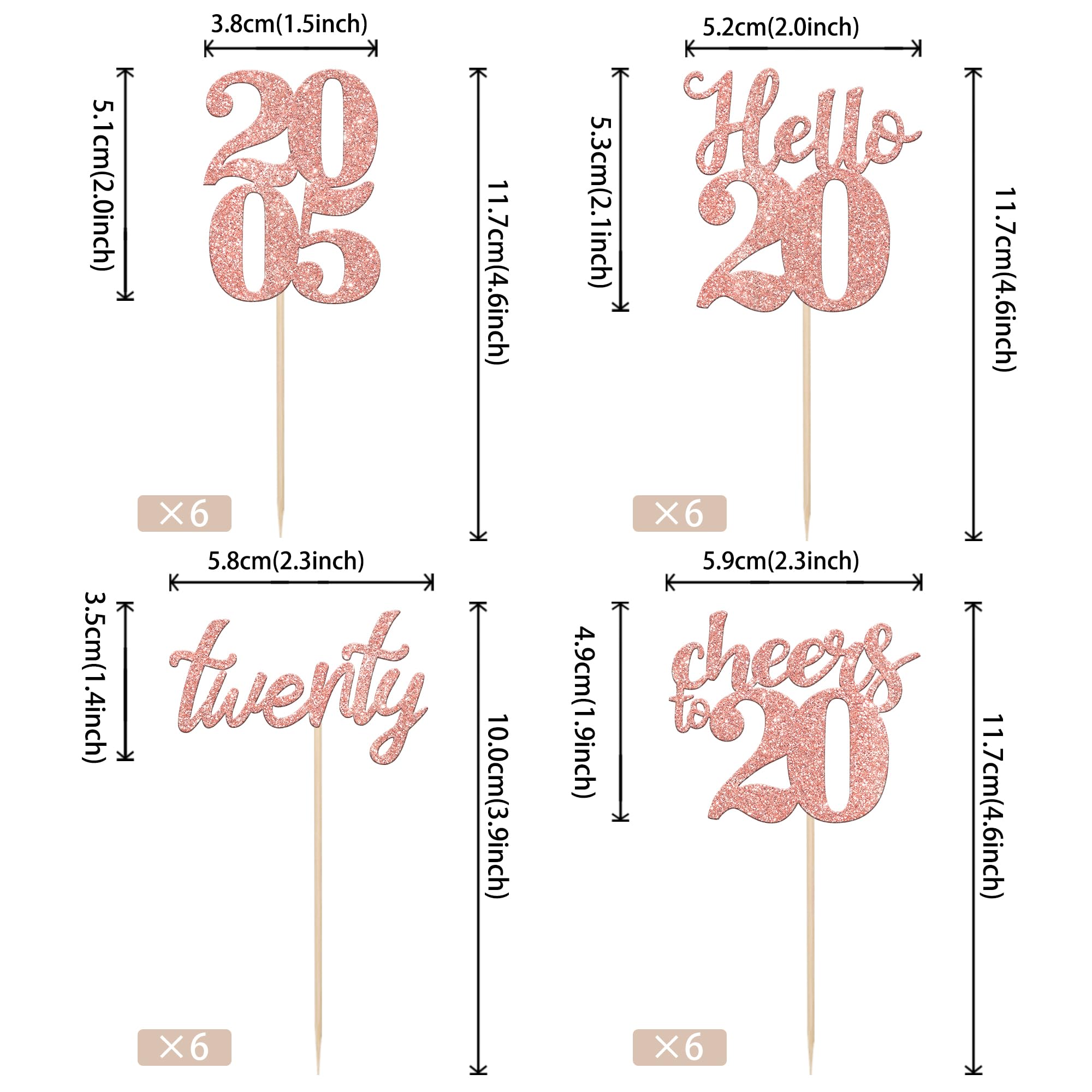 24 PCS 20th Birthday Cupcake Toppers - Glitter 