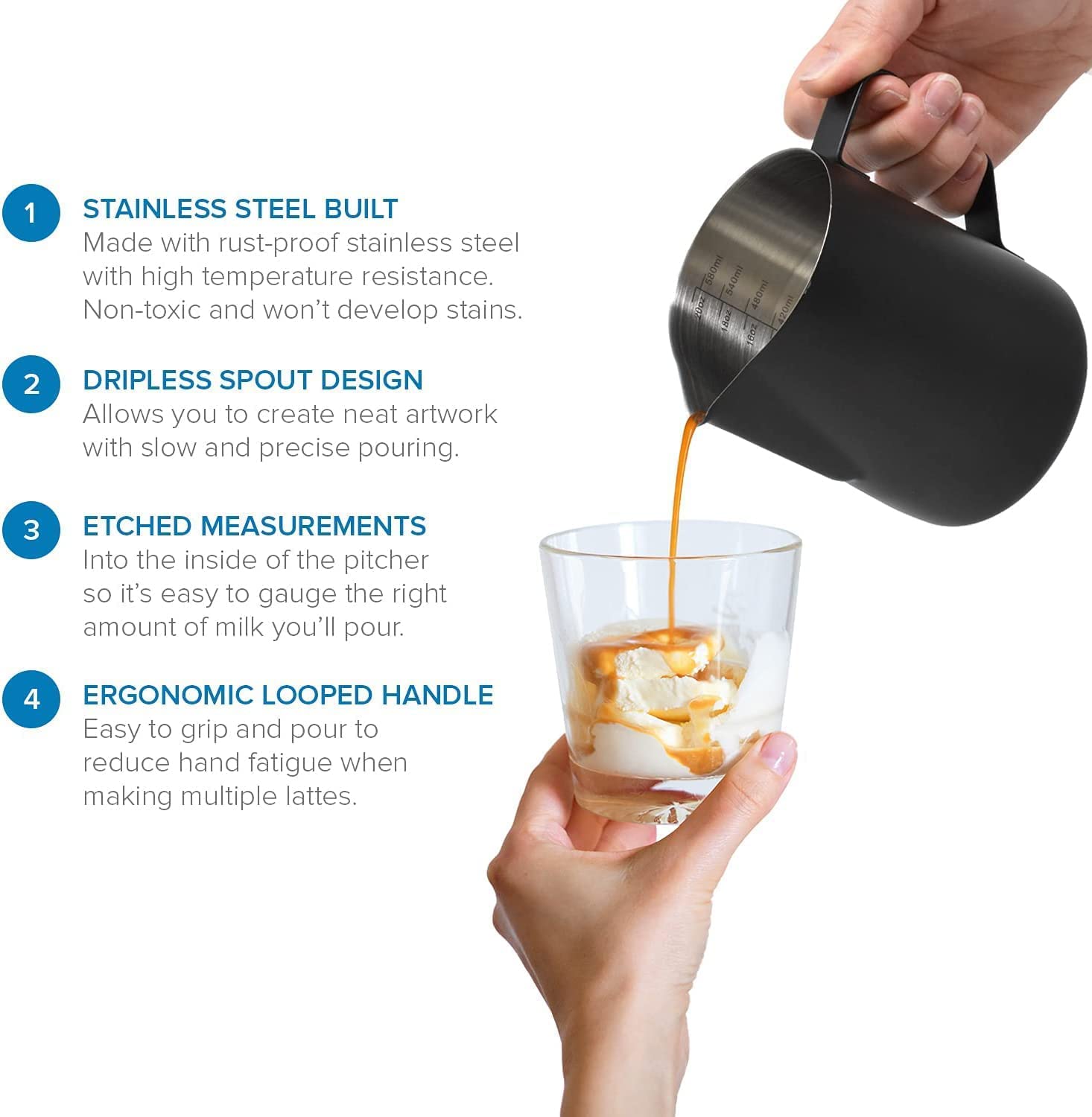 Premium Stainless Steel Milk Frothing Pitcher 20oz (600ml) - Barista-Grade Milk Frother Cup for Espresso Machines, Latte Art & Coffee Shops - Professional Black Milk Steamer Jug for Home & Commercial Use