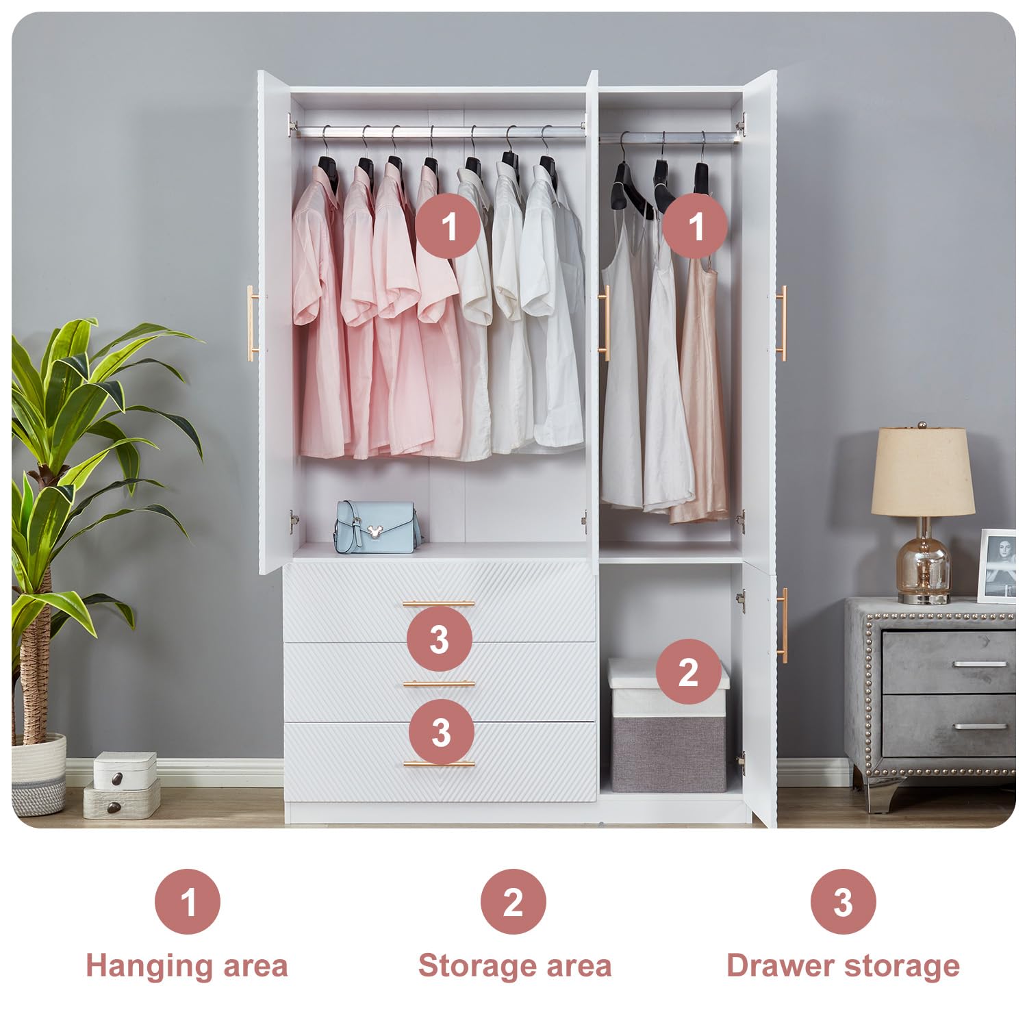 White Armoire Wardrobe Closet Cabinet - 3 Doors & 3 Drawers with Hanging Rod, Large Storage (47.3
