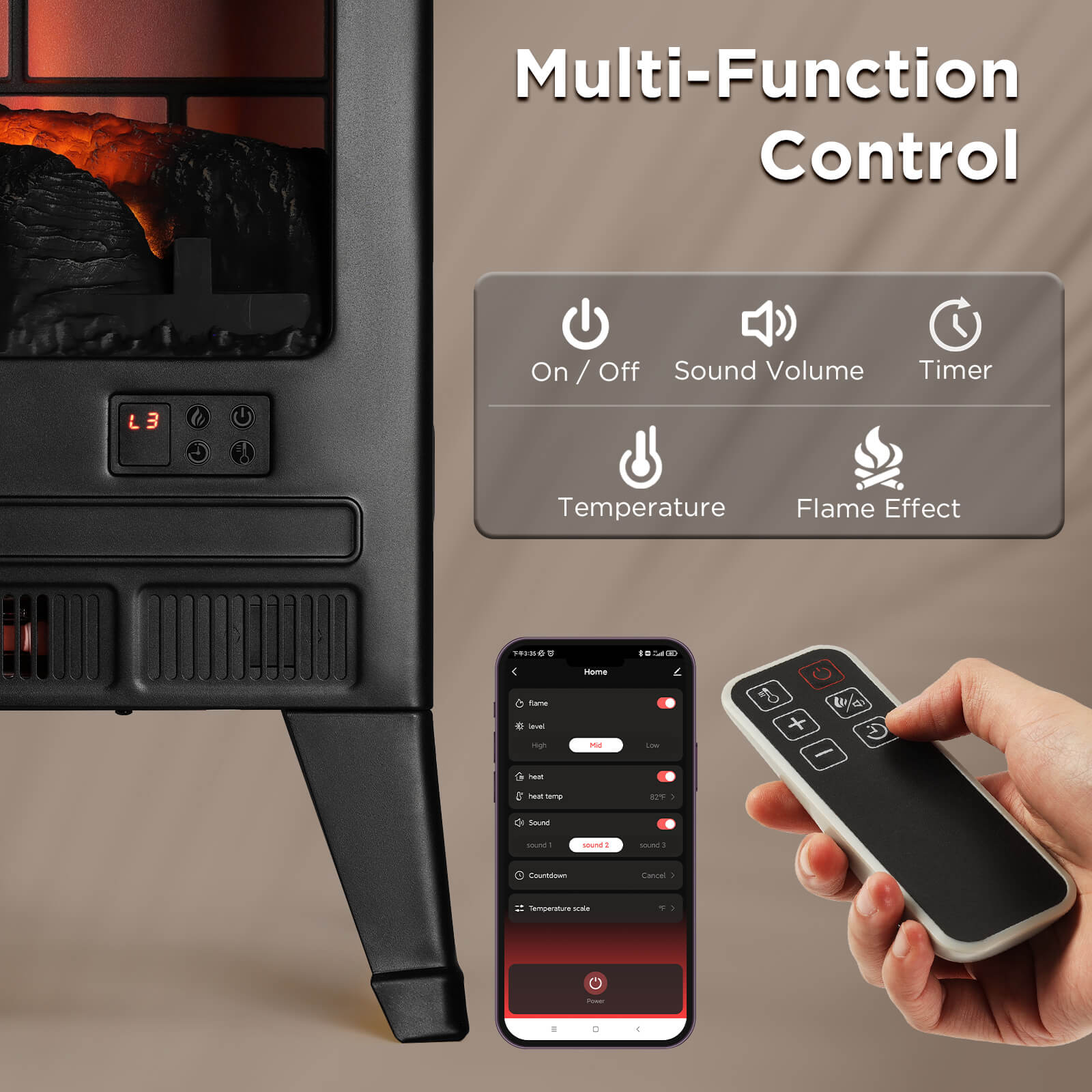 Open Box Suburbs TS25 Smart WiFi Electric Fireplace Stove Heater - Perfect for Living Room, Bedroom & Office Heating