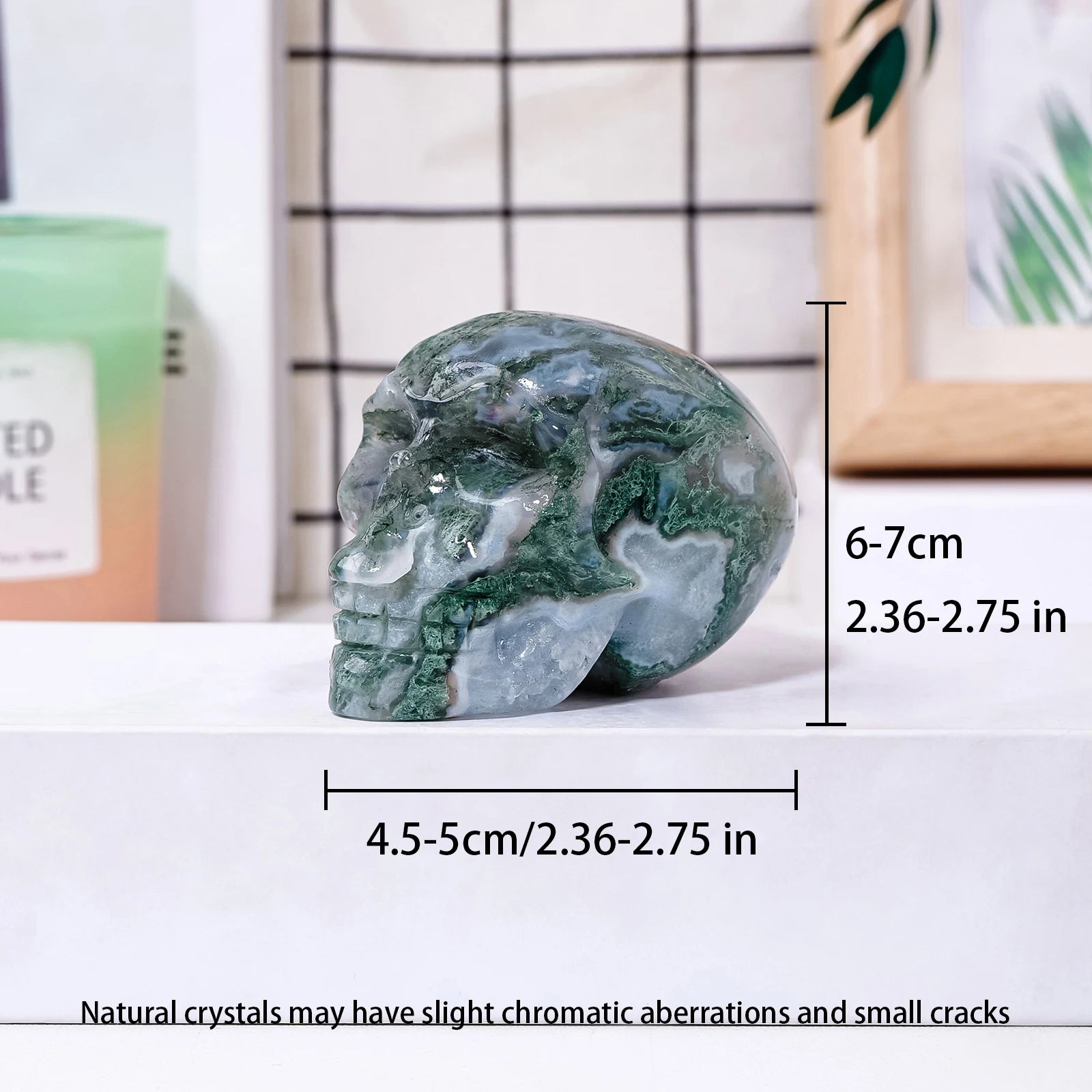 Natural Moss Agate Crystal Skull - Hand Carved Healing Stone for Reiki, Meditation & Home Decor - Unique Spiritual Gift for Collectors & Crystal Enthusiasts (Perfect for Altars, Yoga Spaces & Office Desk Decor)