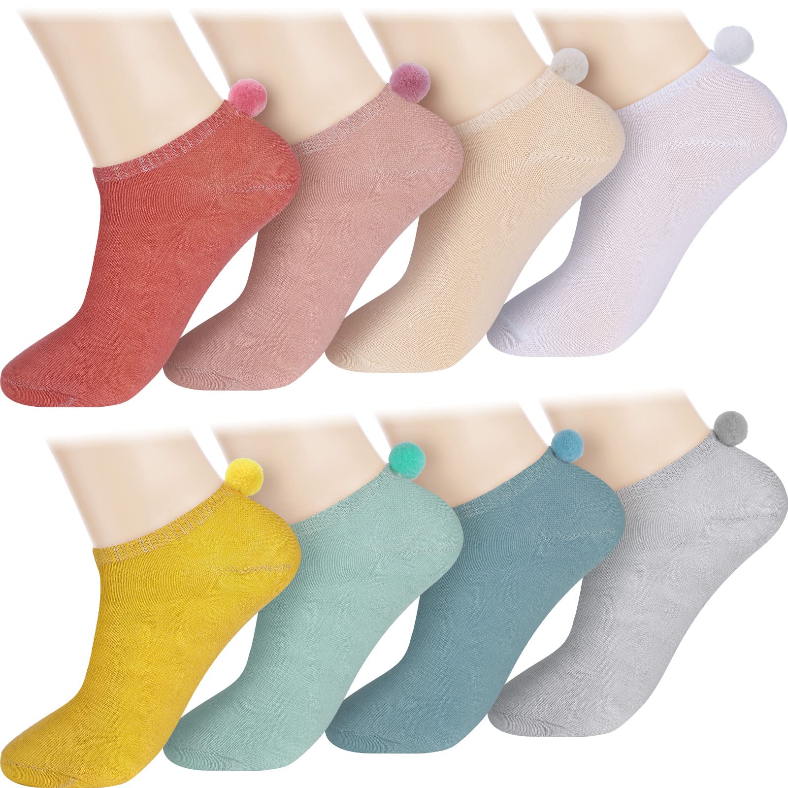 Vicenpal 8 Pairs Women's Fluffy Pom Pom Ankle Socks with Adorable Balls - Soft Seamless Cosplay Socks for Winter, Christmas Gifts & Cute Outfits