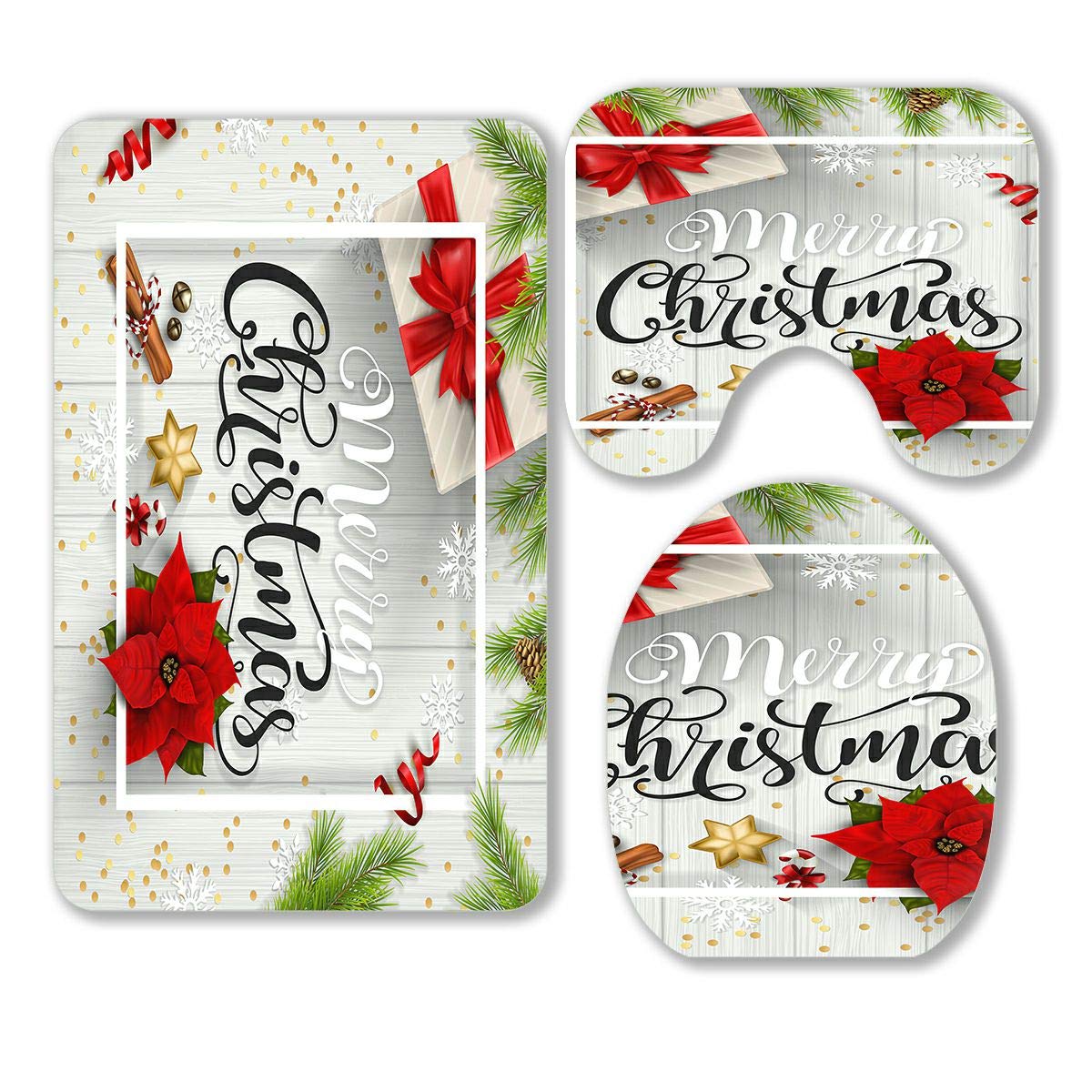 ABPHQTO 3-Piece Christmas Bathroom Rug Set - White Wooden Fir Branches Design, Non-Slip Contour Mat & Toilet Lid Cover - Perfect for Holiday Home Decor, Guest Bathrooms & Festive Gift Giving