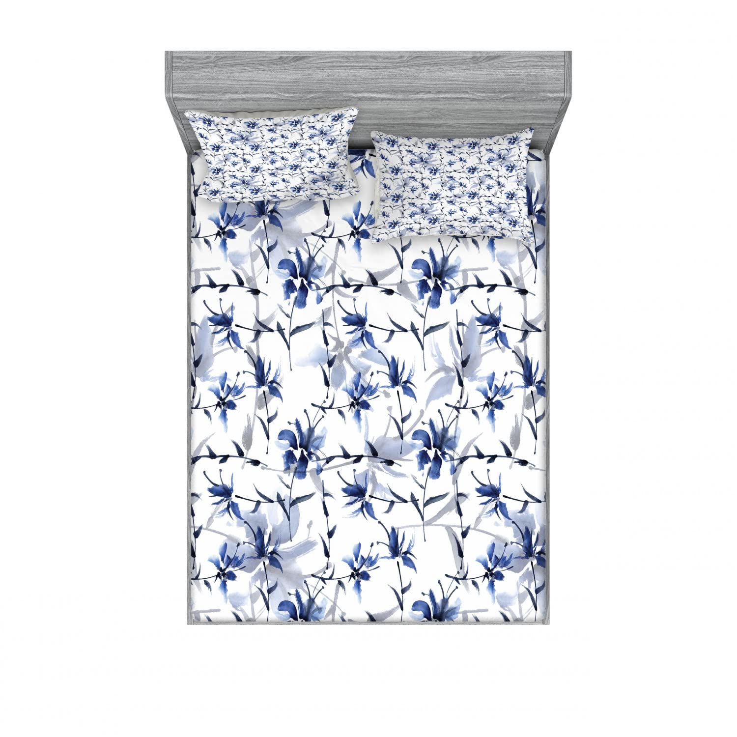 Ambesonne Traditional 2-Piece King Size Bedding Set - 2 Fitted Sheets & 4 Pillow Shams in Elegant Blue Ink Pattern | Luxury Bedroom Decor for Master Bedroom, Guest Room & Vacation Homes