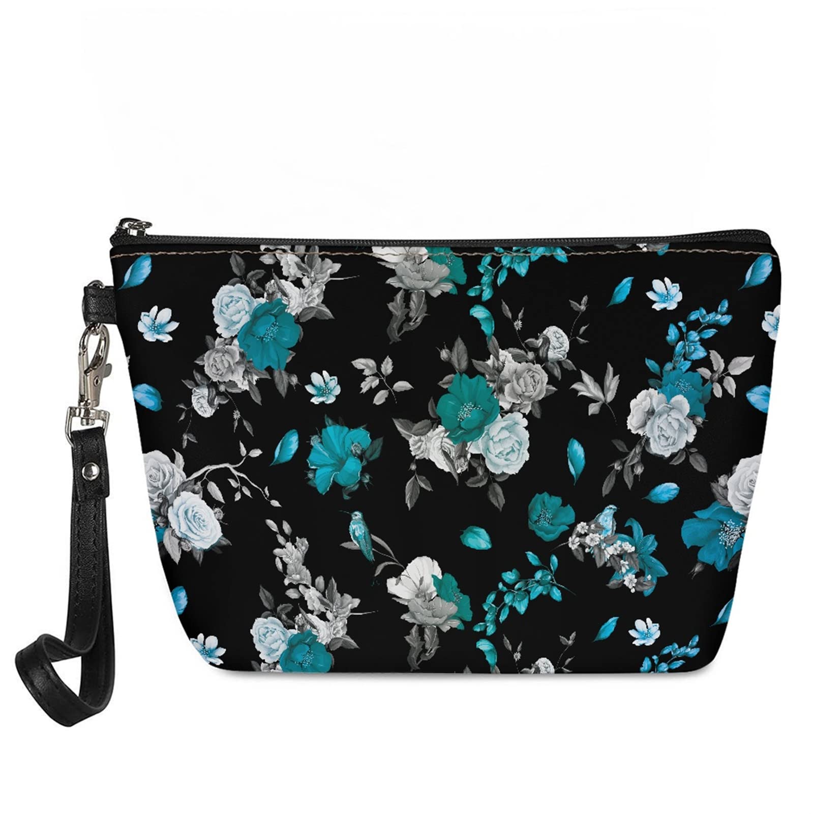 Suhoaziia Blue Peony & Grey Rose Floral Cosmetic Bag for Women | Waterproof Travel Makeup Pouch | Perfect for Daily Use, Travel & Gift Giving
