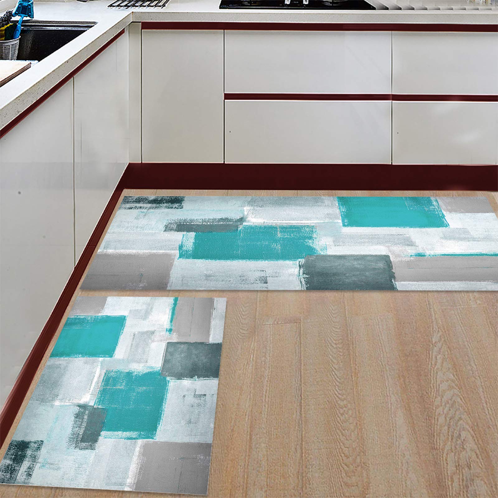 LooPoP Anti-Fatigue Kitchen Mats Set - Teal Grey Cushioned Non-Skid Washable Geometric Runners for Floor - Perfect for Kitchen, Dining Area, and Entryway