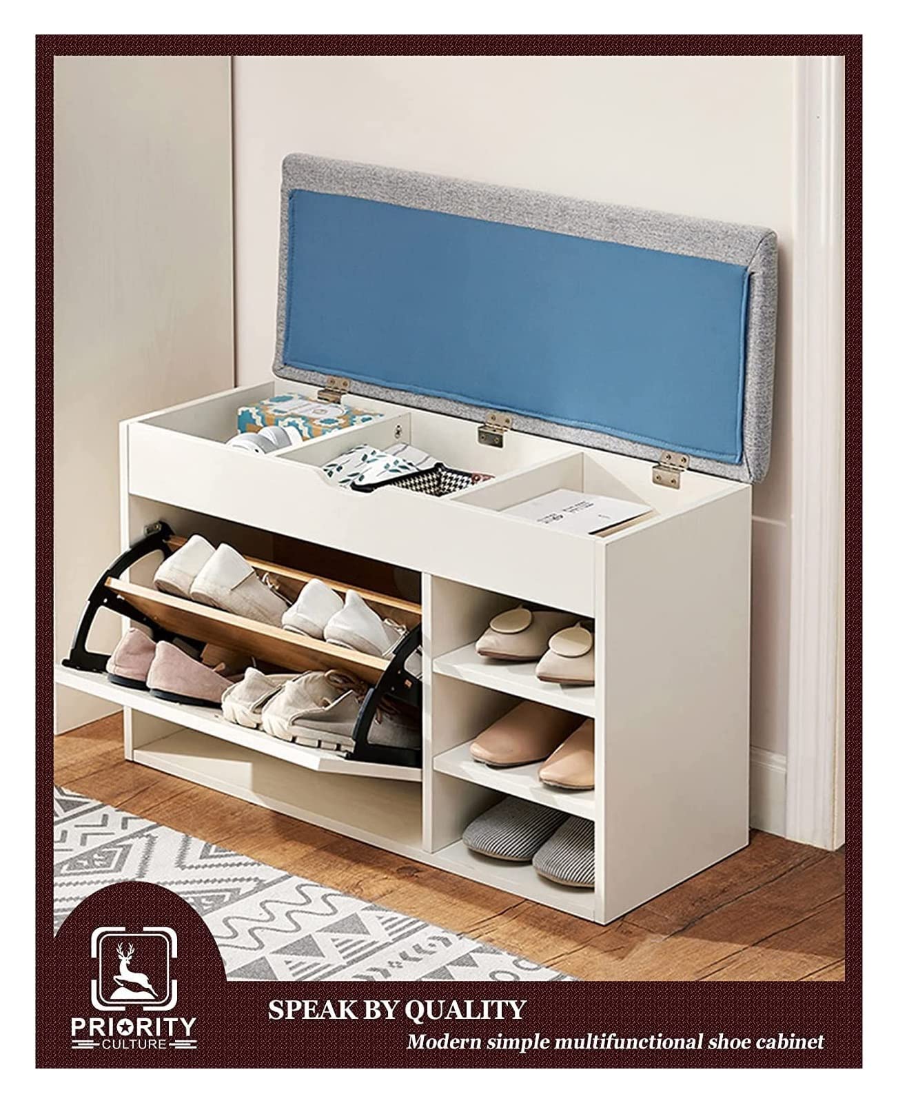 Light Green Shoe Cabinet Bench with Cushion - Multifunctional Shoe Storage Organizer for Living Room & Bedroom, End of Bed Bench with Tipping Bucket Design - Perfect for Small Spaces, Entryway, and Closet Organization