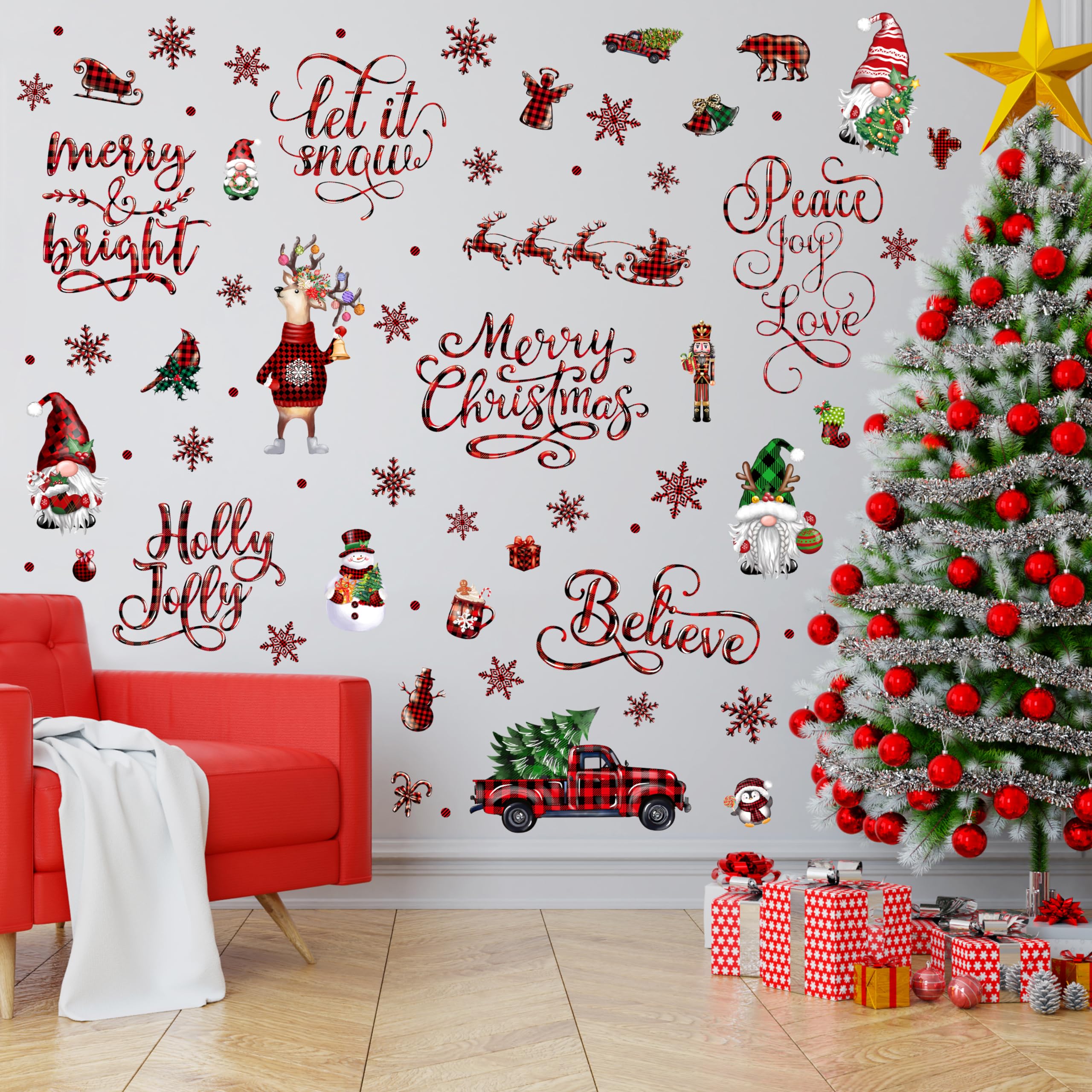 12 Sheets Buffalo Plaid Christmas Wall Stickers - Holiday Tree & Snowflake Vinyl Decals for Living Room, Bedroom, Home Office - Perfect for Winter Decor & Festive Home Styling