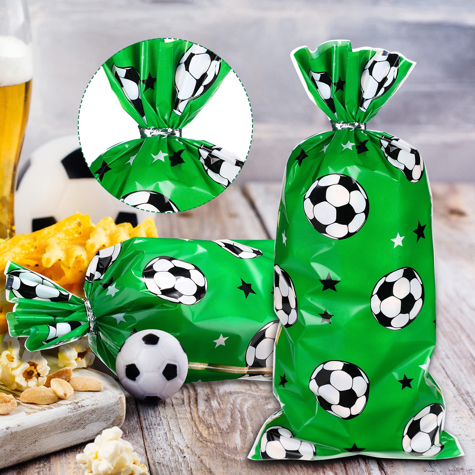 Blulu 100-Pack Green Soccer Treat Bags - Heat Sealable Football Cellophane Candy Favor Bags with Silver Twist Ties for Birthday Parties, Team Celebrations & Sports Events