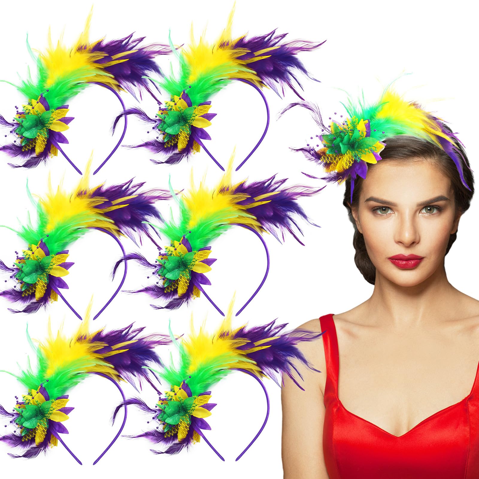 Vintage 1920s Mardi Gras Feather Headband - 6 Pack Flapper Headpiece with Parrot Feathers for Women (Yellow, Green, Purple) | Gatsby Party Costume Accessories & Jazz Age Themed Events