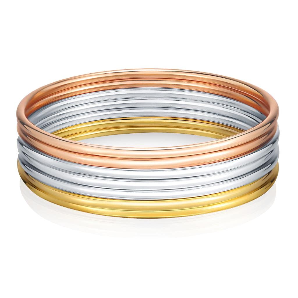 Castillna Tri-Color Stainless Steel Bangle Bracelets for Women - Silver, Gold & Rose Gold Thin Round Stackable Bracelet Set (7 Pieces) | Perfect Christmas, Birthday Gifts & Everyday Fashion Jewelry