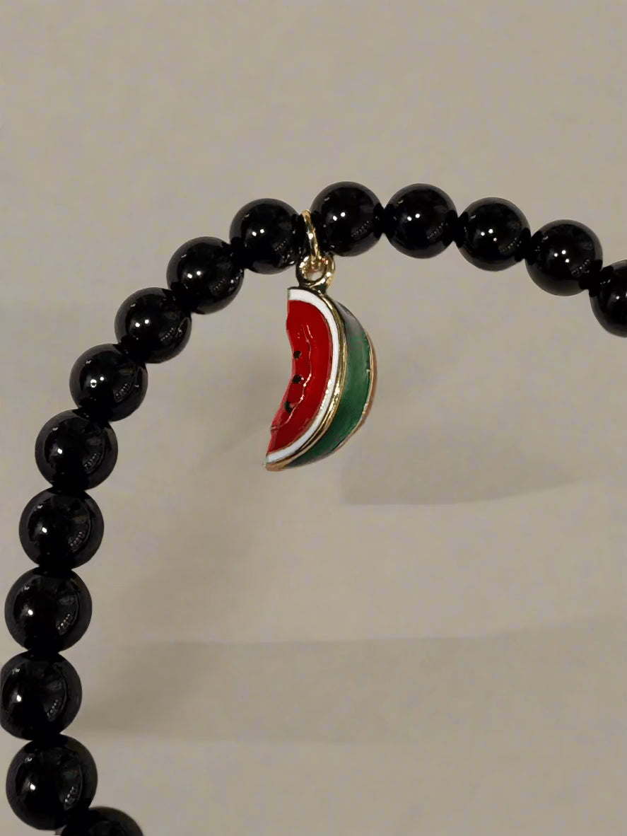 Black Agate and Watermelon Slice Stretchable Gemstone Bracelet for Women - Healing Crystal Jewelry for Meditation, Yoga & Positive Energy