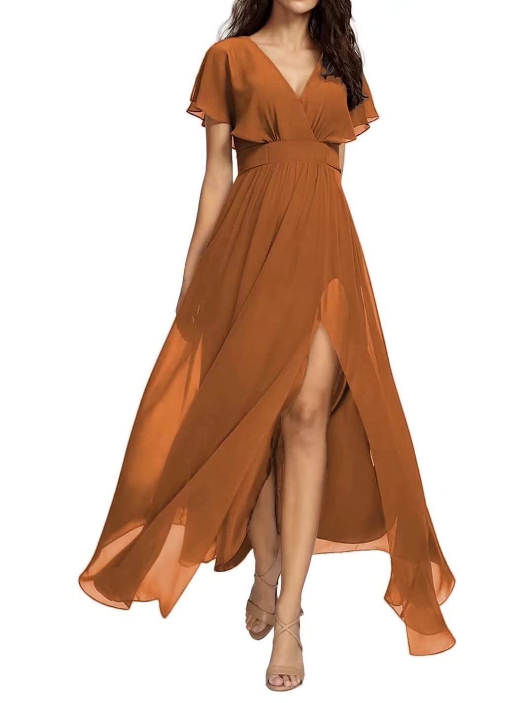 Yadressy Women's Long Sleeve Chiffon Maxi Dress with Slit & Ruffle Details - A-Line Formal Evening Gown for Bridesmaid, Prom, Wedding Party & Special Occasions