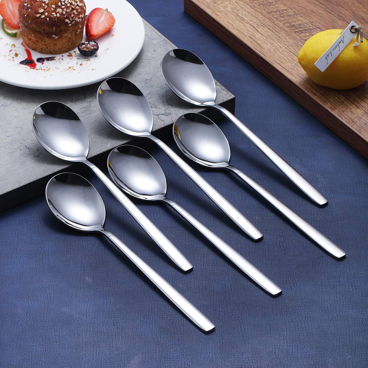 6-Piece Berglander Stainless Steel Dinner Spoon Set - Modern Shiny Soup & Table Spoons, Dishwasher Safe - Perfect for Restaurants, Home Dining & Gifts