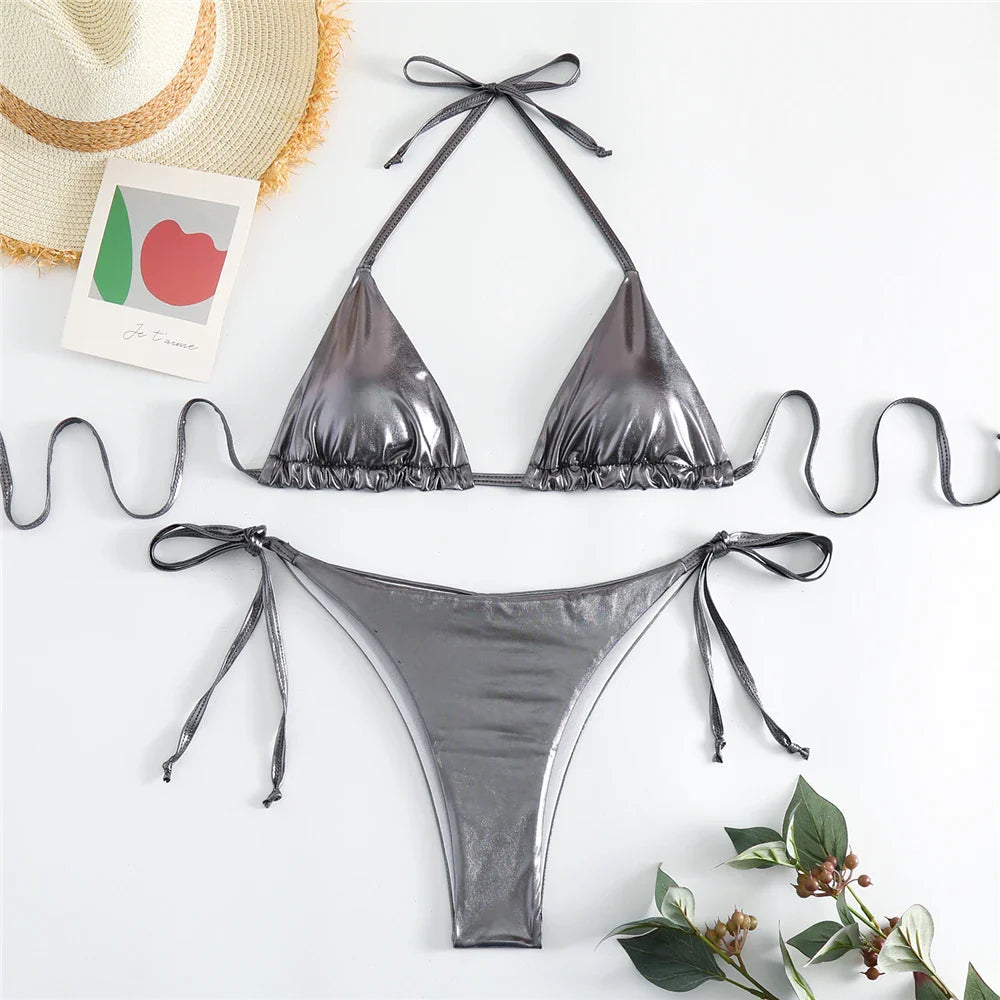 Sexy Halter Triangle Bikini Set - Women's Patent Leather Glitter Swimsuit with G-String & Side Lace Up Design | Perfect for Summer Beach Vacation, Pool Party & Tropical Getaway