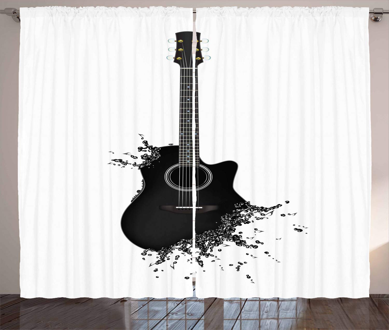 Ambesonne Guitar Themed Black & White Curtains - Monochrome Acoustic Guitar Design with String Art - 2 Panel Set (108