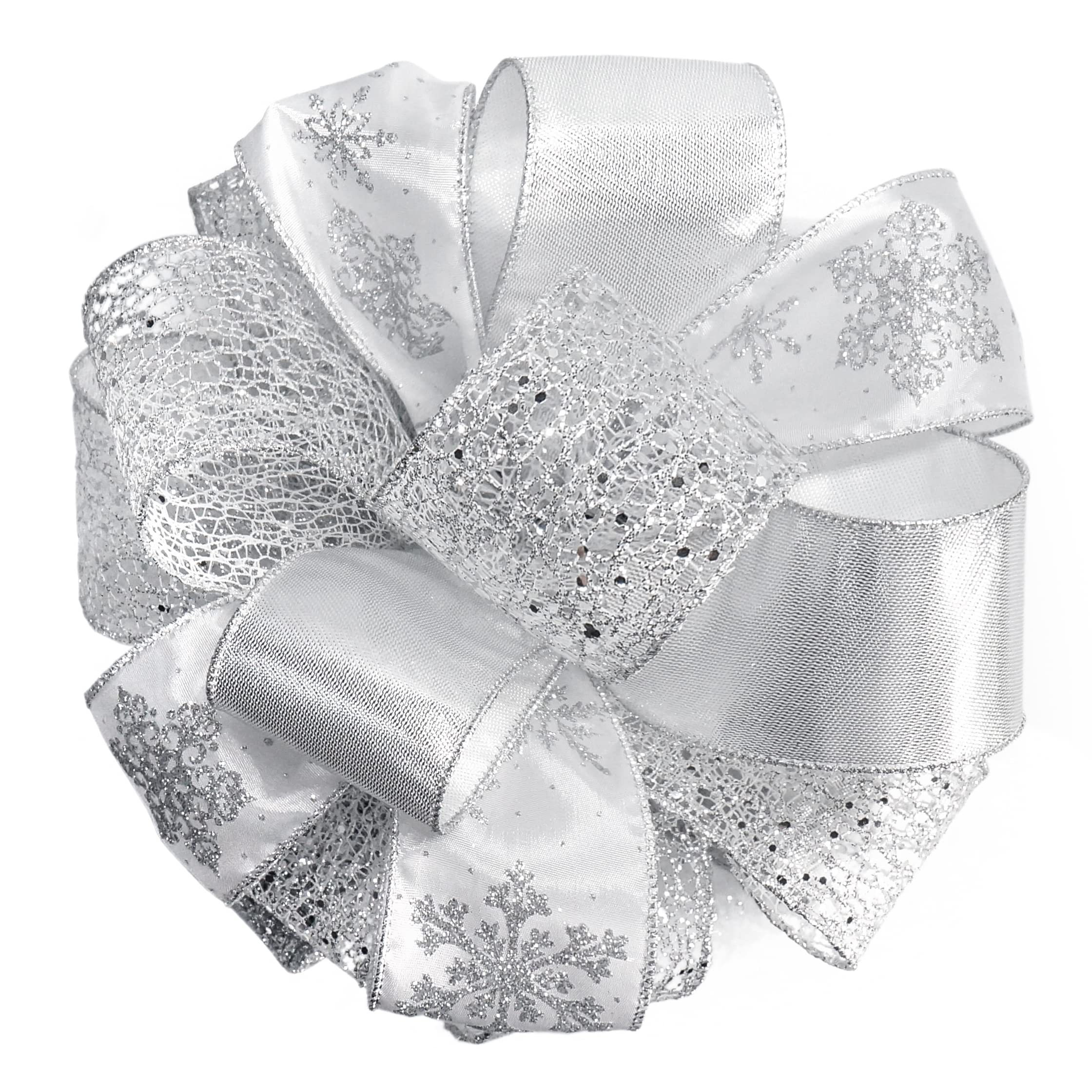 CT CRAFT LLC Silver Snowflake Christmas Tree Topper Bow - 11 Inch with 4 Ribbon Streamers (3 Yards Each) for Holiday Decorations, Elegant Home Décor - Perfect for Christmas Trees, Gift Wrapping & Festive Indoor Decor