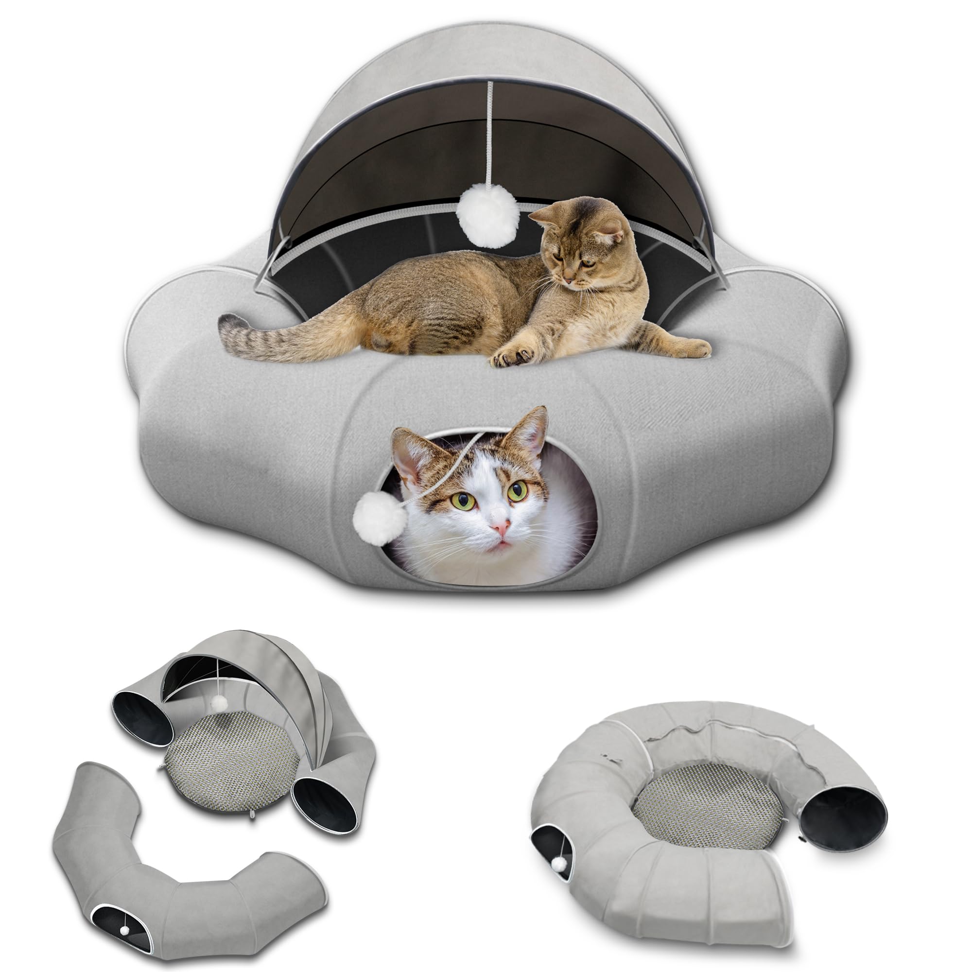 Large Cat Tunnel Bed with Ball Toy & Washable Mat - Detachable Straight Tunnel for Indoor Cats | Multi-Functional Pet Playhouse for Playtime & Napping - Cool Comfort Mat Included