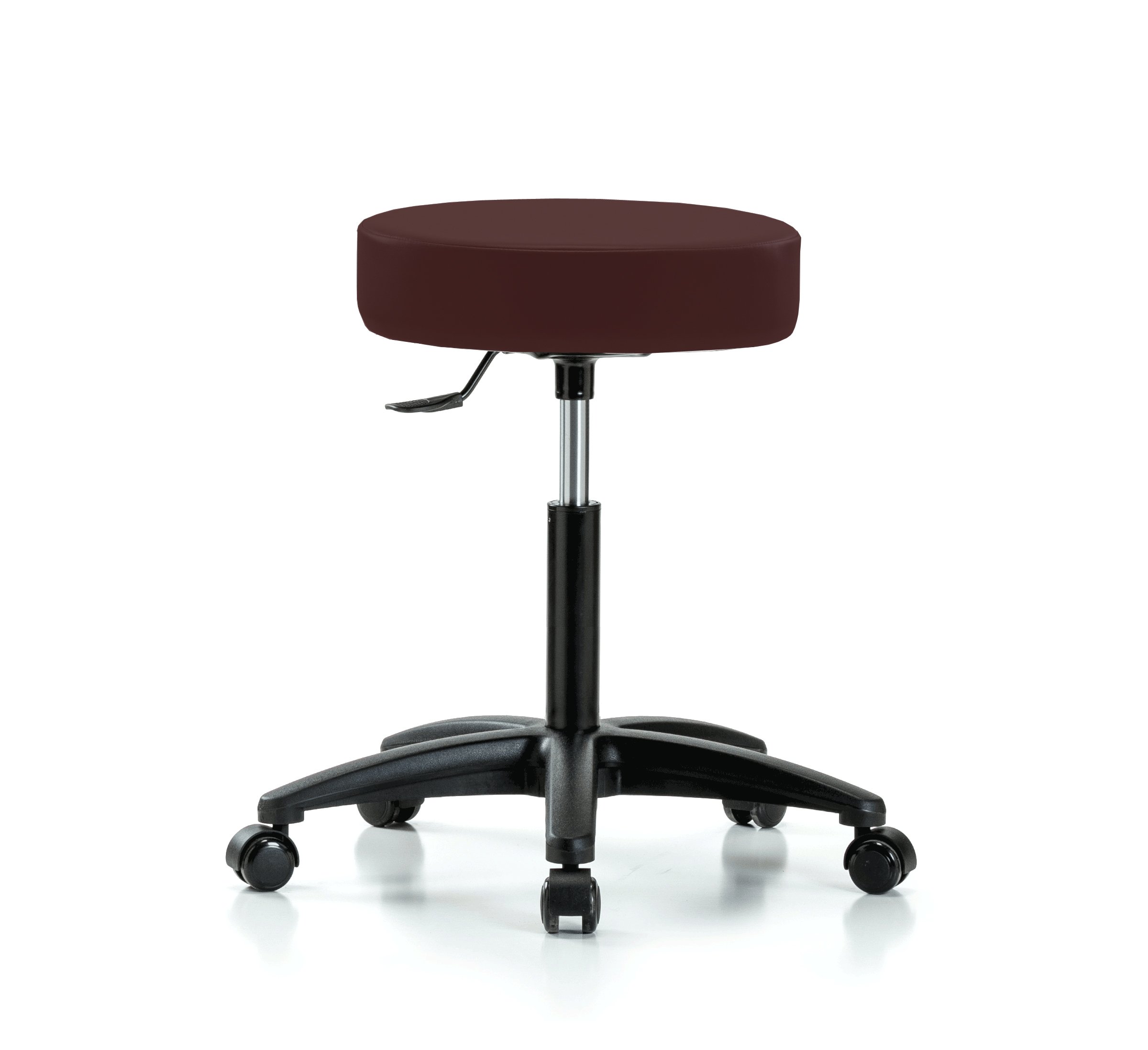Adjustable Swivel Stool with Rolling Perch Seat – Single Lever Height Control for Workbenches, Hardwood & Tile Floors – Burgundy Vinyl Upholstery – Ideal for Workshops, Garages & Home Offices