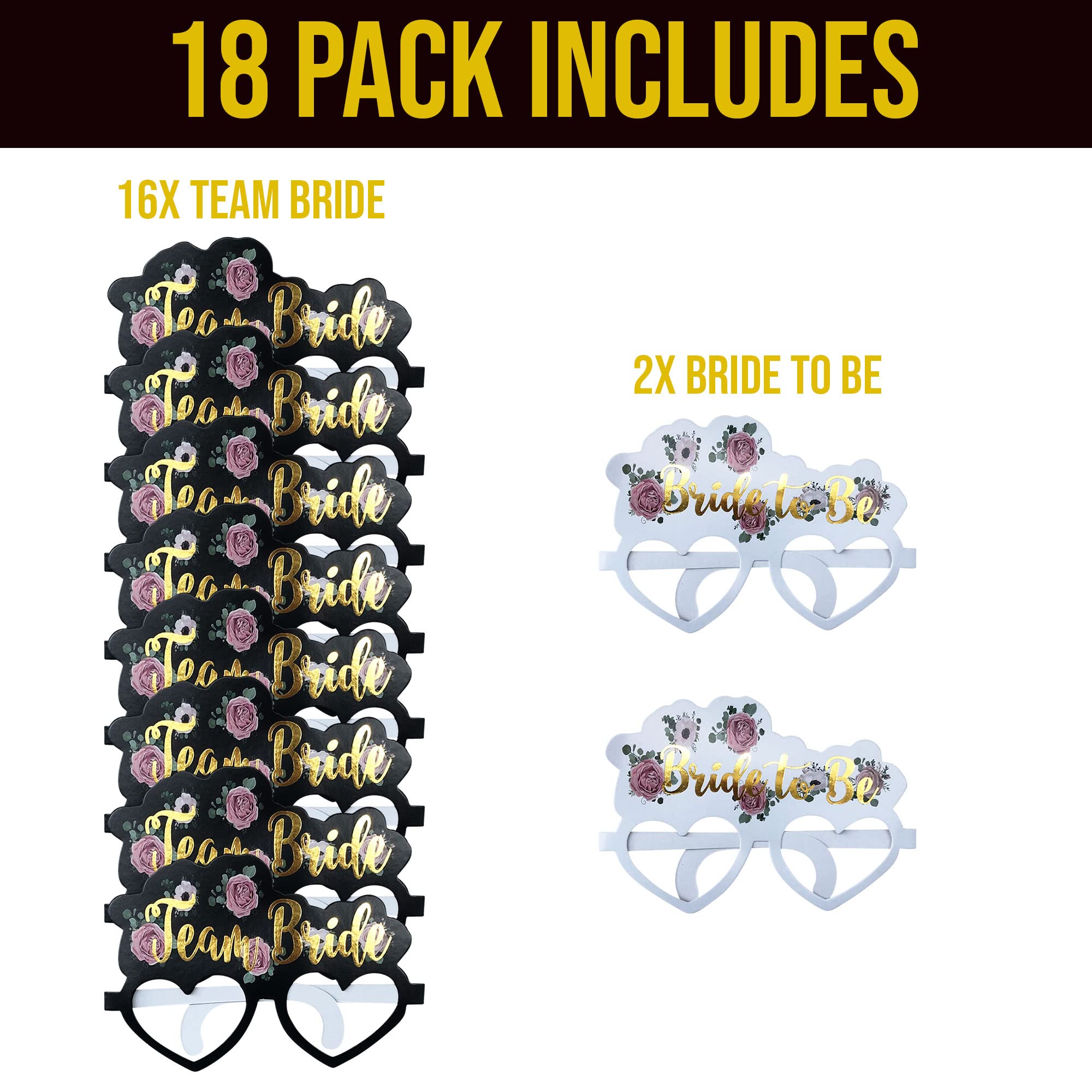 17 Pack Hen Party Glasses - 16x Team Bride & 1x Bride to Be - Black Floral Gold Sunglasses for Bachelorette Party Decorations, Bridal Shower Accessories & Girls Night Out - Perfect for Wedding Celebrations, Girls Trips & Photo Props