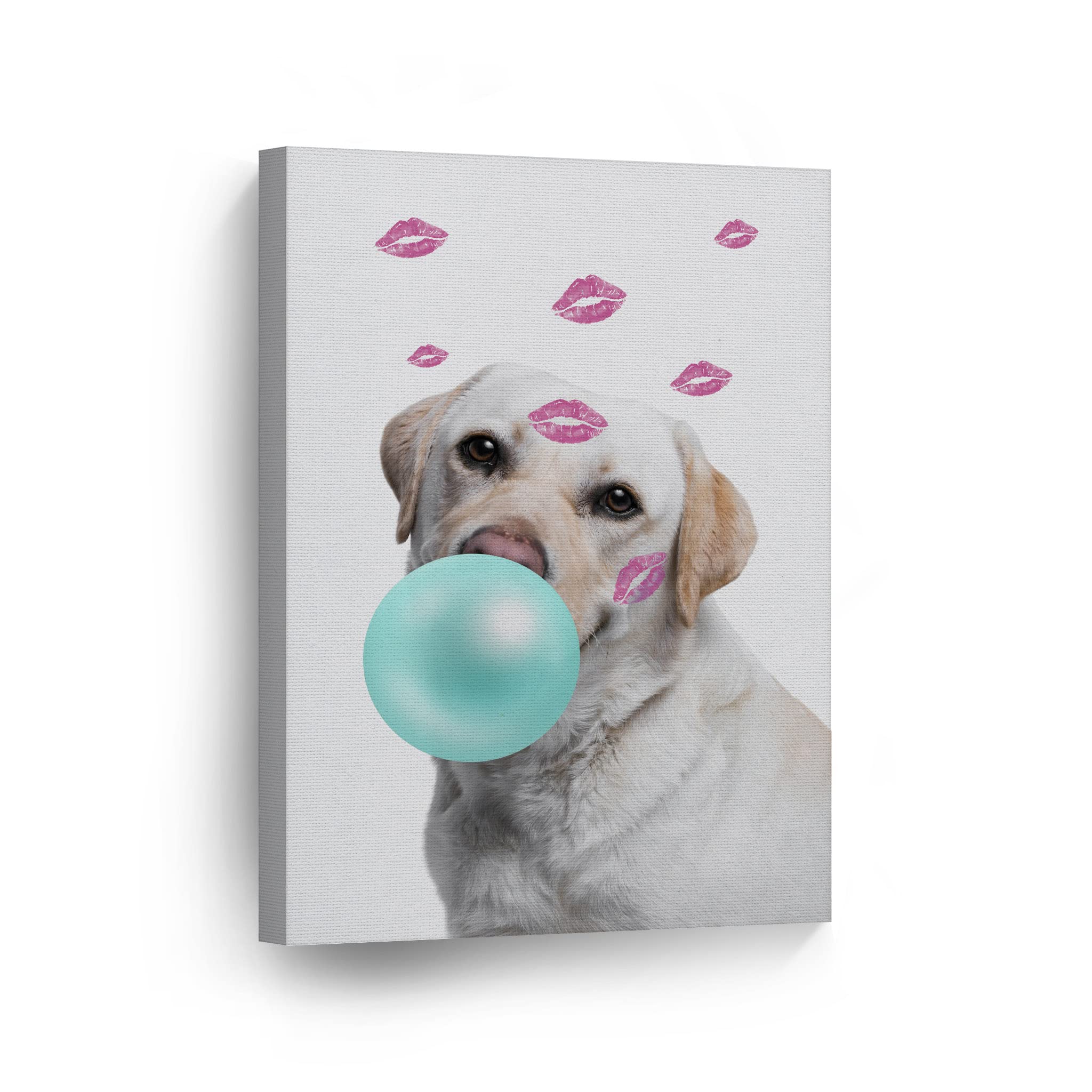 Labrador Retriever Dog Chewing Bubble Gum Canvas Wall Art - 36x24 Inch Pet Portrait Pop Art Print for Living Room, Bedroom & Nursery Decor - Perfect Gift for Dog Lovers (Teal Blue Design)
