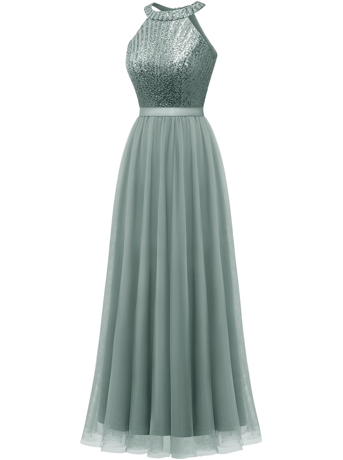 2024 Women's Halter Sequin Glitter Beaded Tulle Long Dress - Sexy Wedding, Cocktail & Party Gown for Evening Events, Prom, Red Carpet & Special Occasions