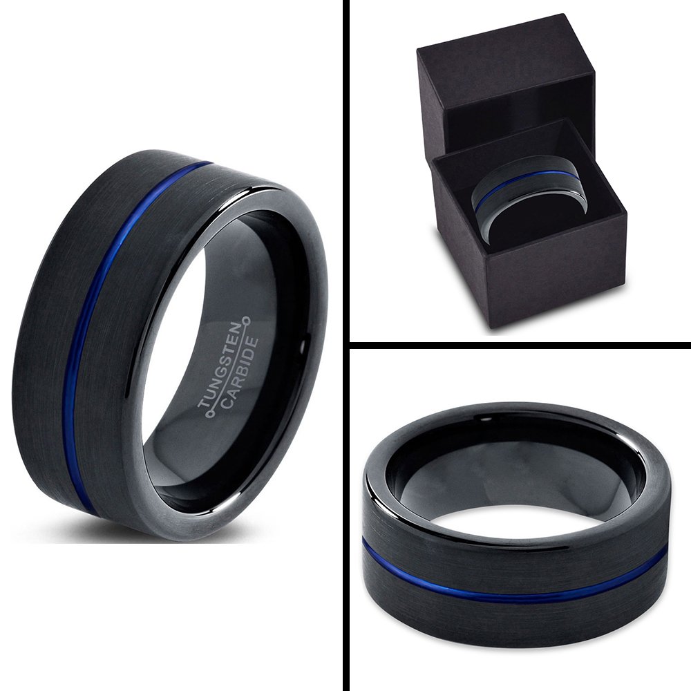 10mm Tungsten Carbide Wedding Band Ring for Men & Women - Blue Black Center Line, Flat Cut, Brushed & Polished Finish - Custom Engraved for Anniversary & Engagement - Perfect for Everyday Wear, Special Occasions & Gift Giving