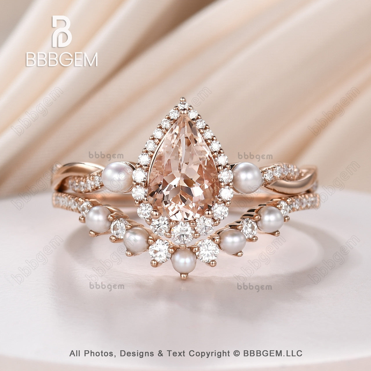 Vintage Pear Cut Natural Morganite & Pearl Three Stone Engagement Ring Set in 14k Rose Gold – Perfect for Weddings, Anniversaries, and Romantic Gifts