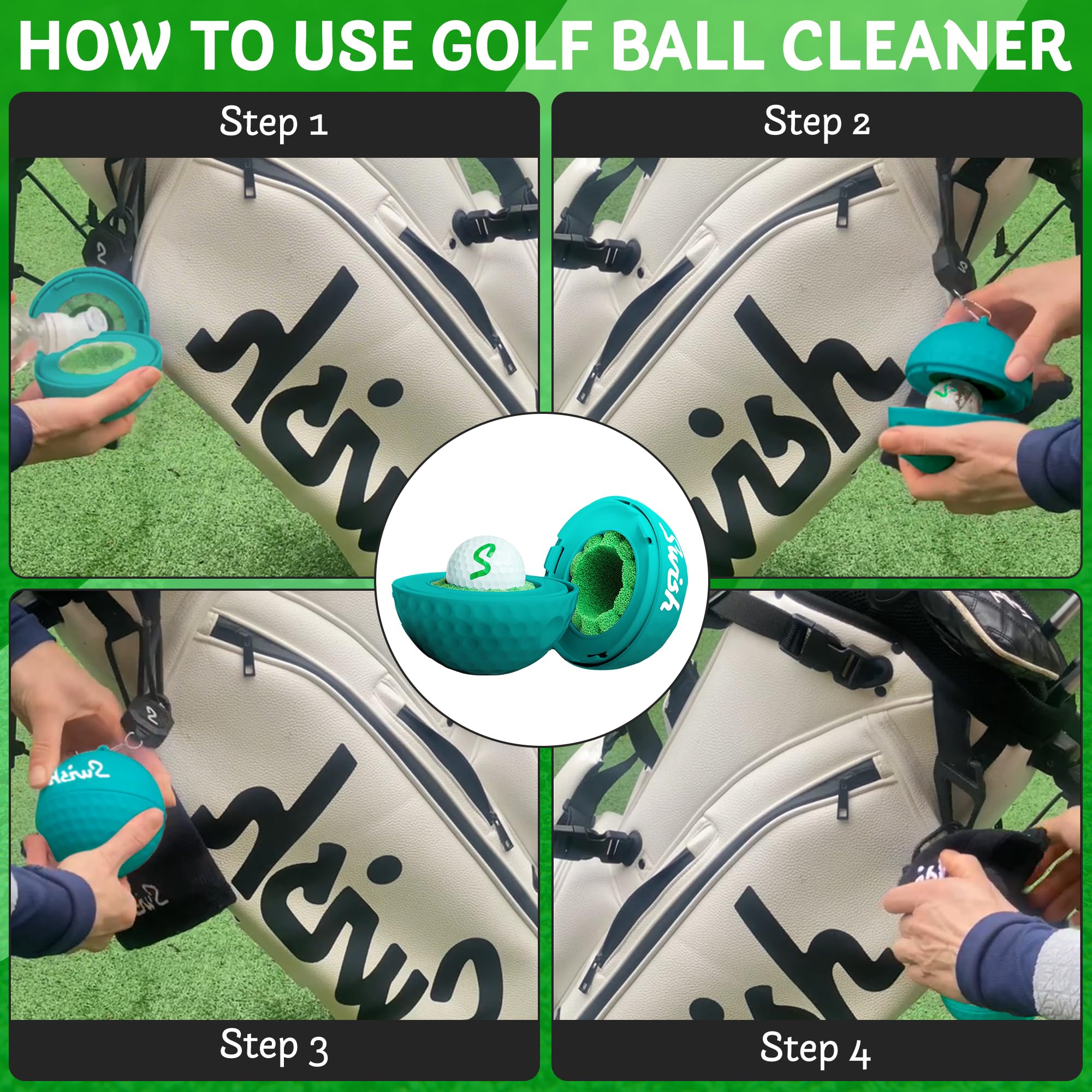 Swish Portable Golf Ball Cleaner – Clip-On Golf Accessory for Golf Bag or Cart – Best Golf Gift for Men & Women – Ideal for Driving Range & Course Play