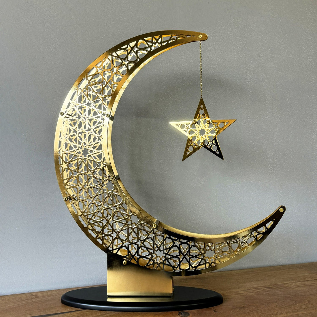 Shiny Metal Crescent & Star Islamic Wall Decor - Elegant Islamic Home Decoration & Gift for Ramadan, Eid, Wedding - Perfect for Living Room, Bedroom, Mosque