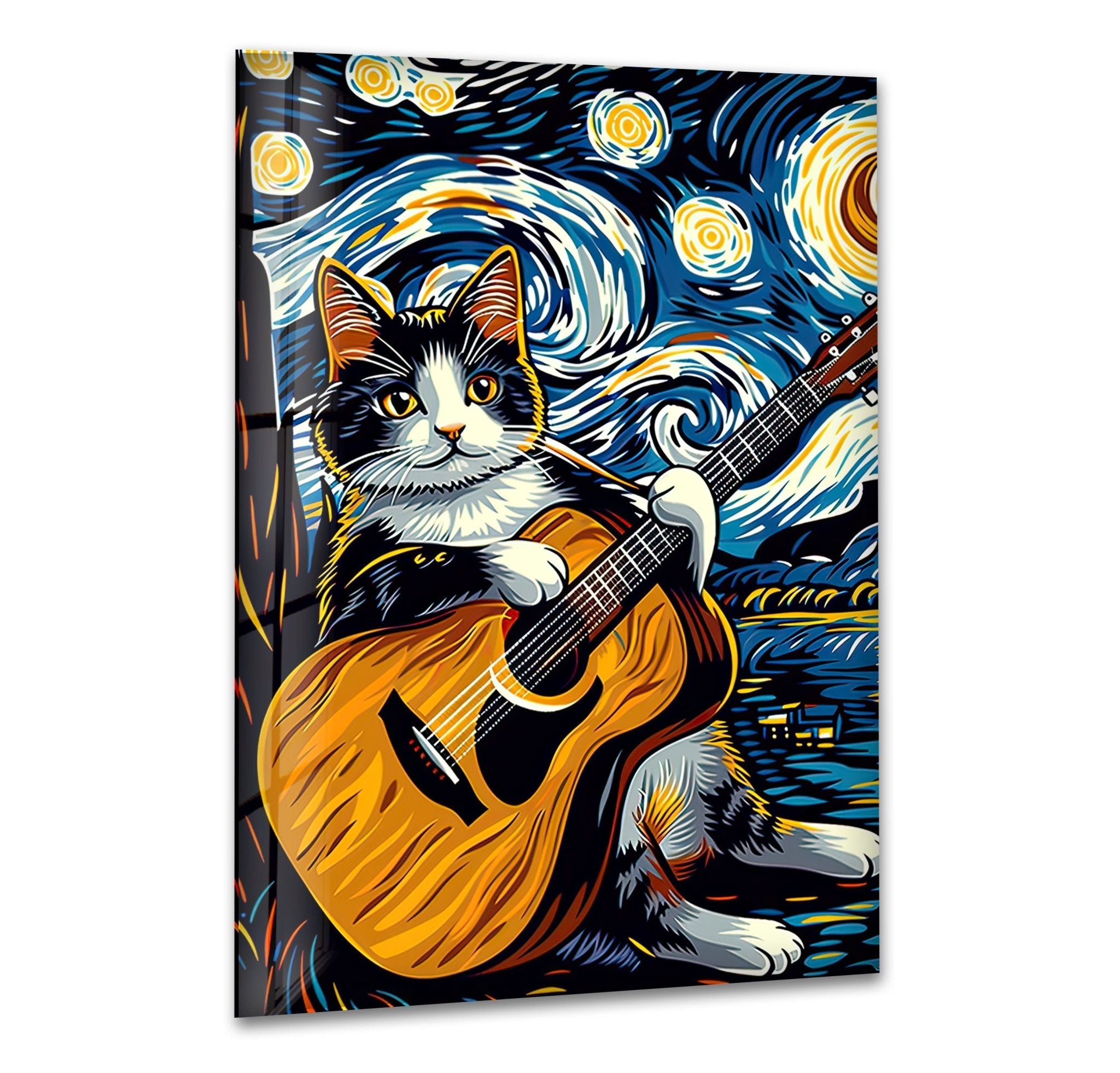 Adorable Cat Playing Guitar Glass Wall Art - Unique Home Decor for Living Room, Bedroom & Office - Perfect Gift for Cat Lovers