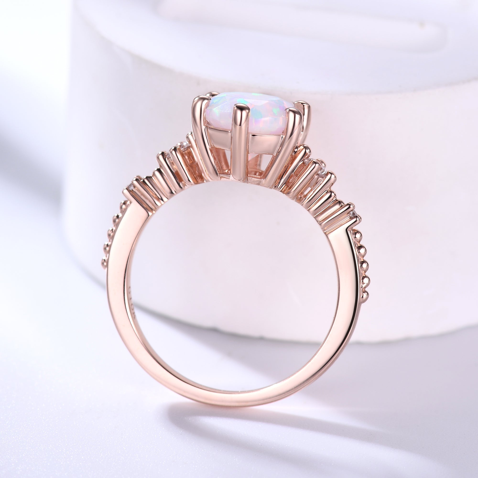 Exquisite Round Opal & Diamond Engagement Ring - 6 Prong 5 Stone Vintage Style Wedding Band for Women | Perfect for Proposals, Anniversaries & Special Occasions