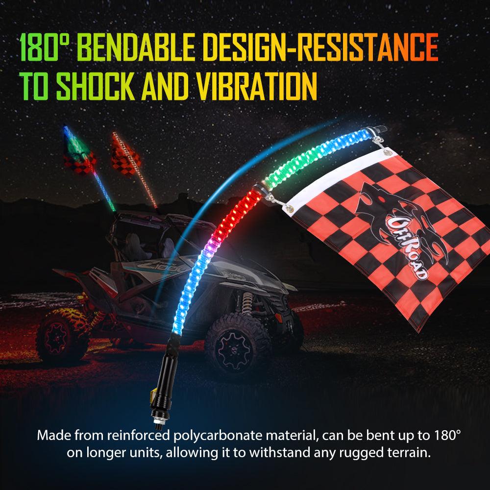 3FT/4FT LED RGB Whip Lights with Bluetooth & Remote Control - Universal Flagpole Light Mount for UTVs (Fits 1.75