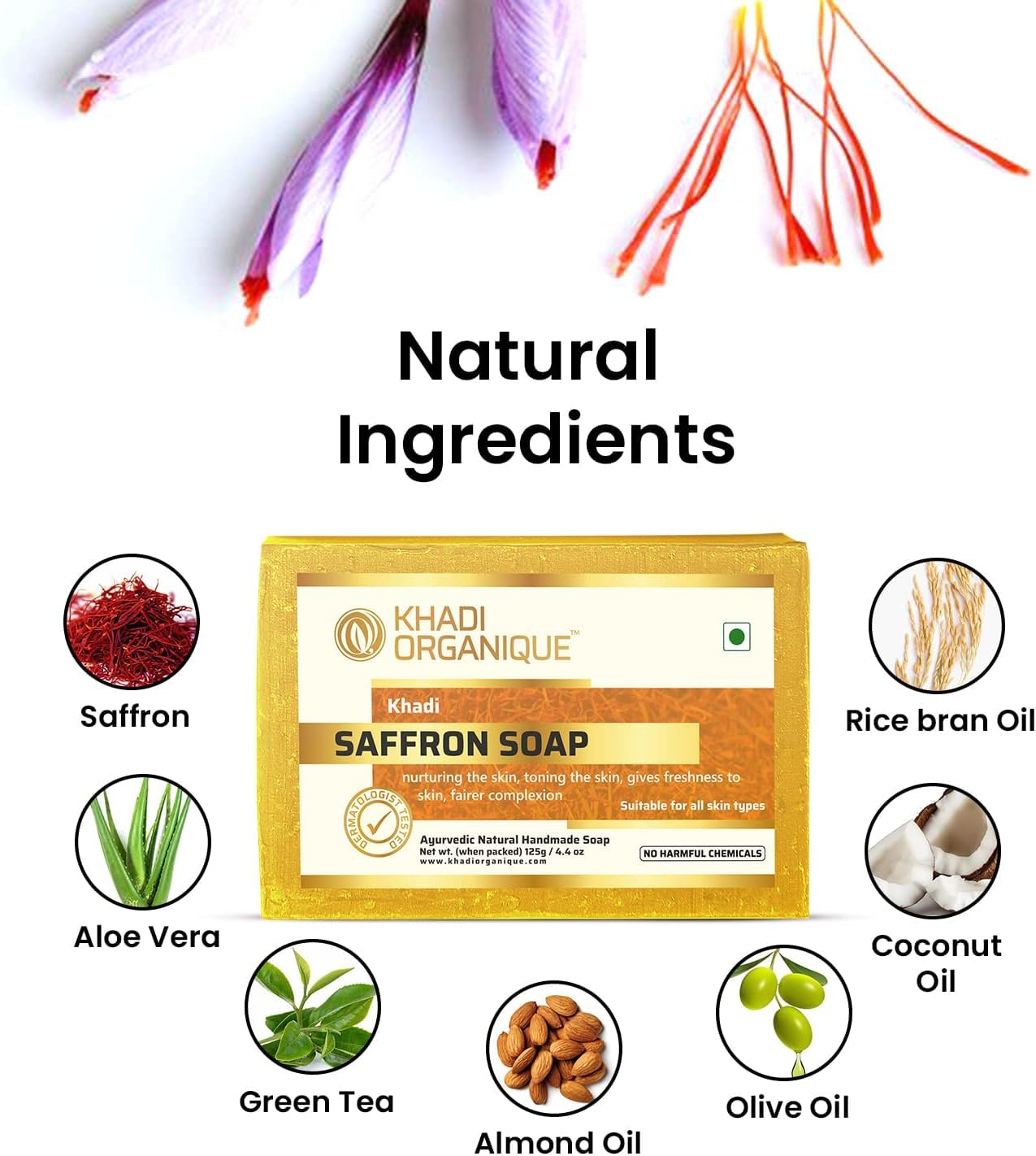 Khadi Organique Saffron Soap for Skin Brightening & Glow - Pack of 4 | Natural Ayurvedic Face & Body Cleanser for Radiant Skin | Perfect for Daily Skincare Routine & Gift Sets