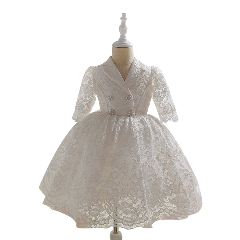 First Communion Dress for Baby Girl - Elegant Lace Flower Button Formal Princess Gown | Perfect for Baptism, Christening & Special Occasions