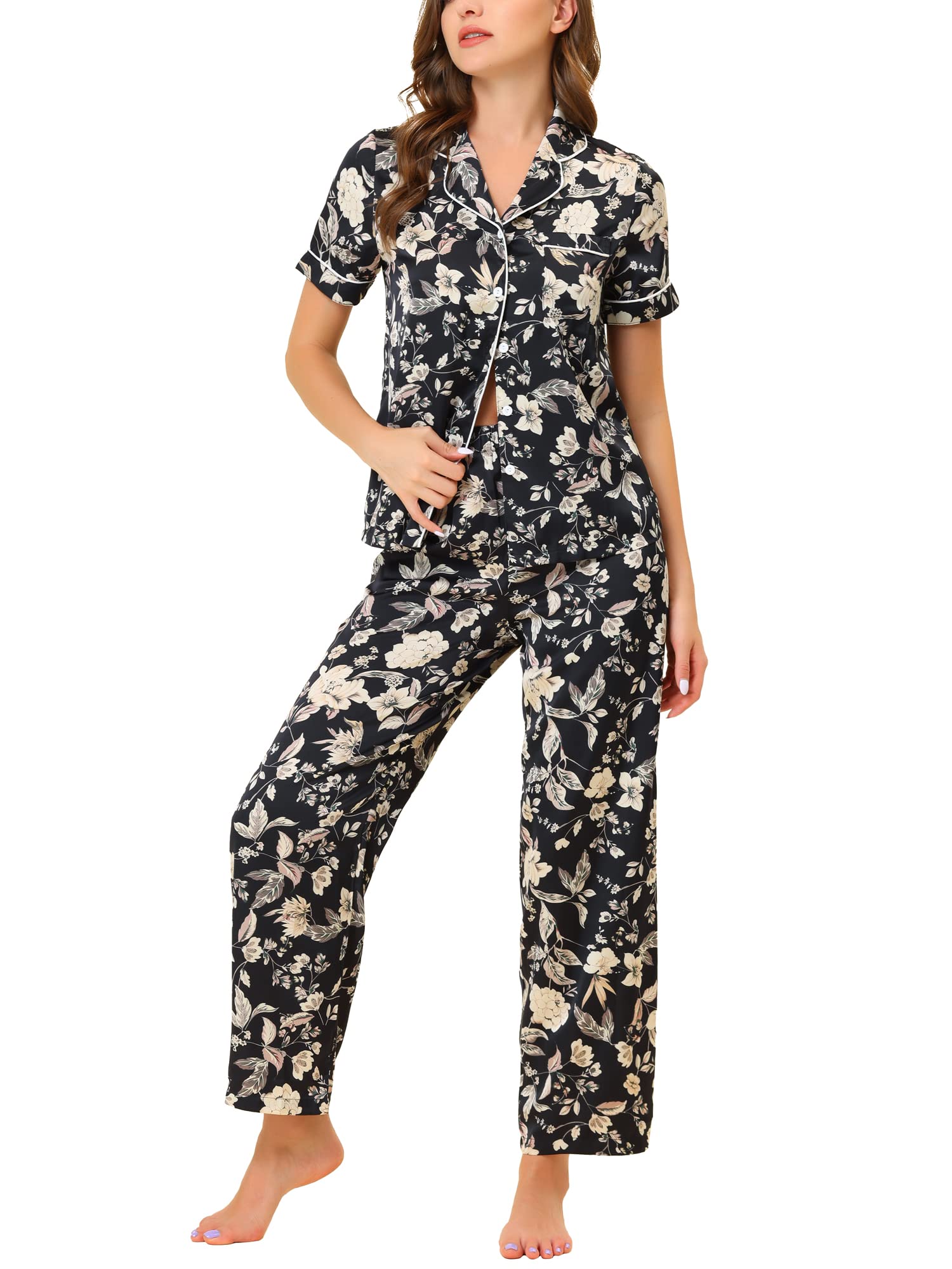 Cheibear Women's Satin Floral Summer Pajama Set - Short Sleeve Button Down Top & Lounge Pants for Sleepwear, Loungewear & Vacation Comfort
