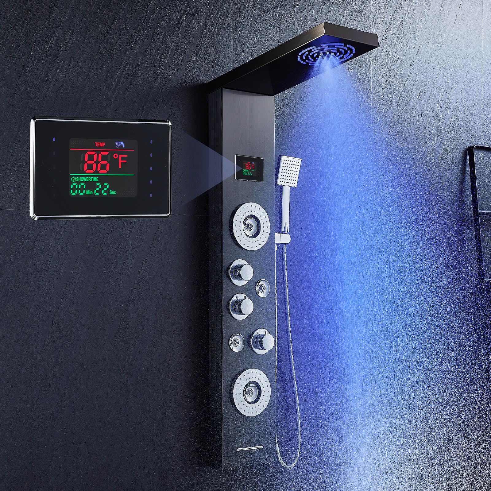 ROVATE 6-in-1 LED Shower Panel Tower System with Rainfall Shower Head, Body Jets, Handheld Spray & Digital Temperature Display - High Pressure Black Shower Column with Tub Spout for Luxury Bathroom Renovation & Spa Experience
