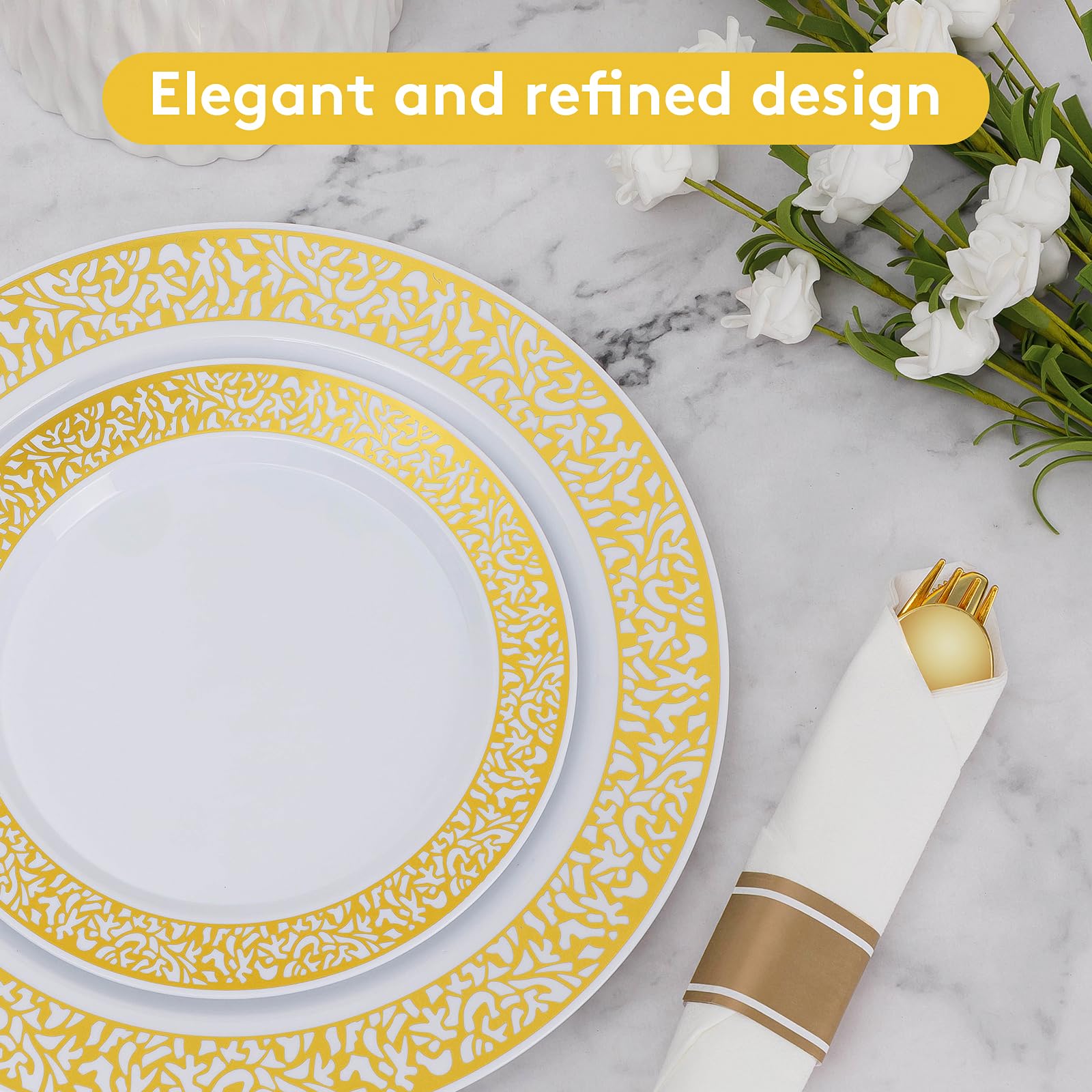 Goodluck 350-Piece Gold Plastic Dinnerware Set for 50 Guests - Disposable Elegant Lace Plates, Dessert Plates, Silverware & Cups - Perfect for Thanksgiving, Weddings, Parties & Special Events