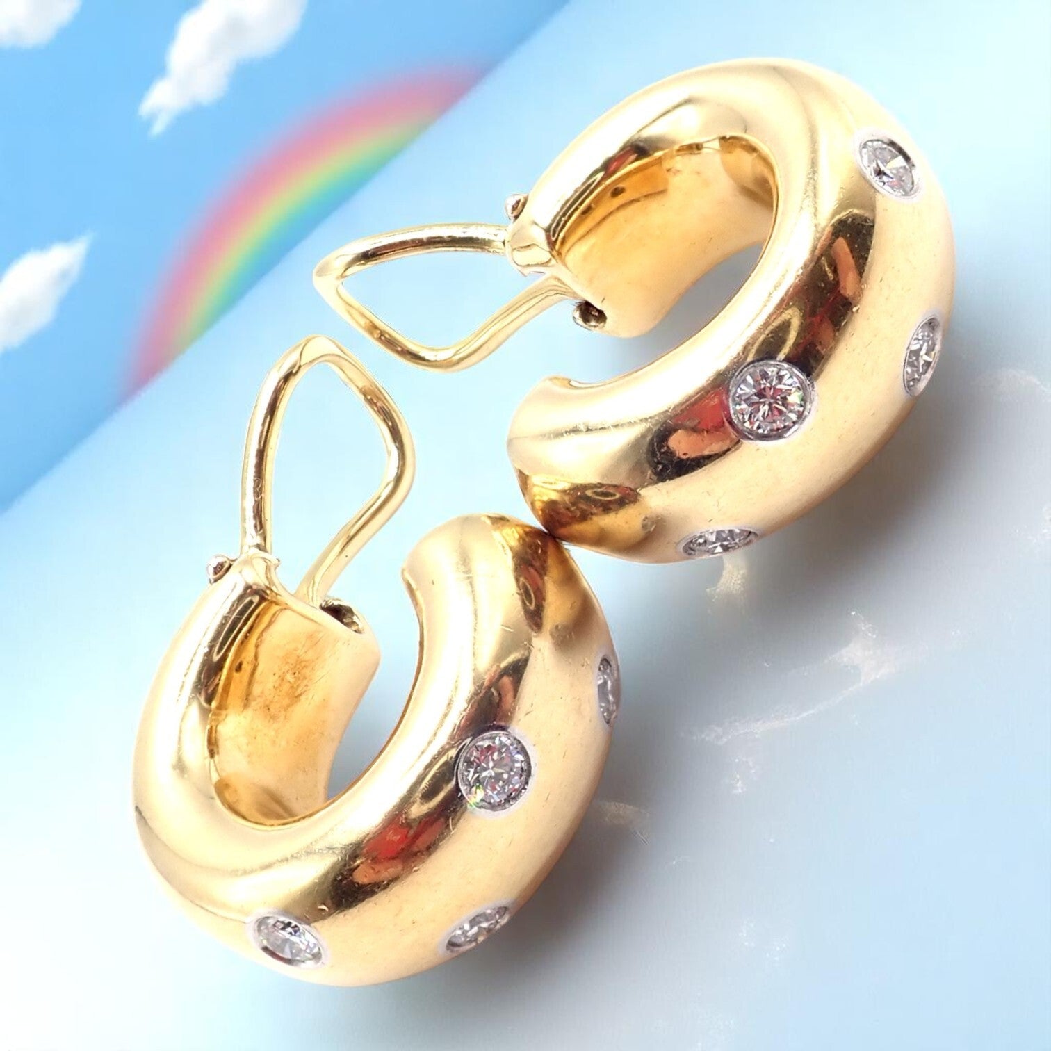 Authentic Tiffany & Co 18k Yellow Gold Platinum Diamond Etoile Hoop Earrings - Luxury Jewelry for Women, Perfect for Weddings, Parties & Special Occasions