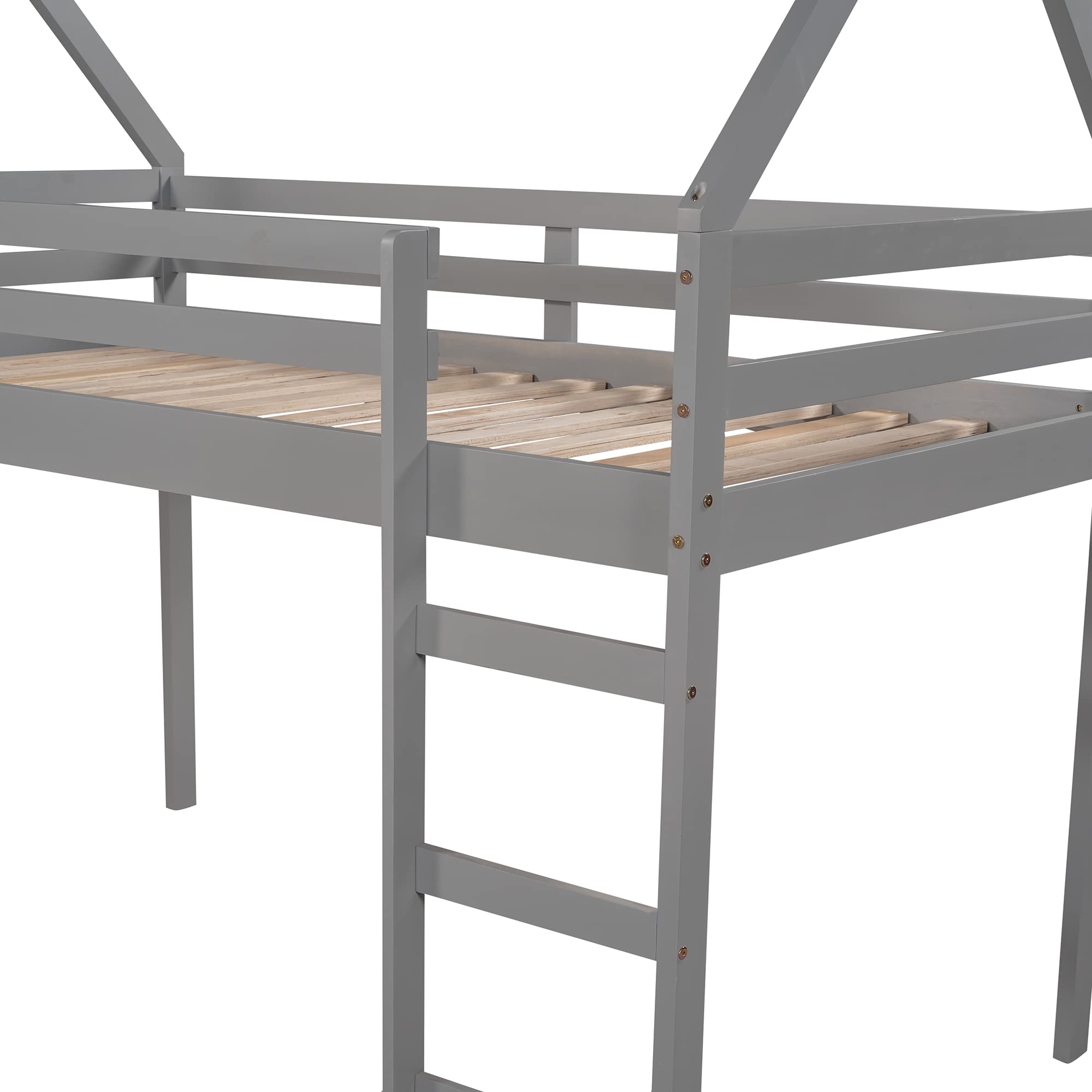 Kids Twin Loft Bed with Slide - Wooden Playhouse House Bed for Children, No Box Spring Needed, Grey - Perfect for Small Bedrooms, Playrooms & Fun Sleepovers