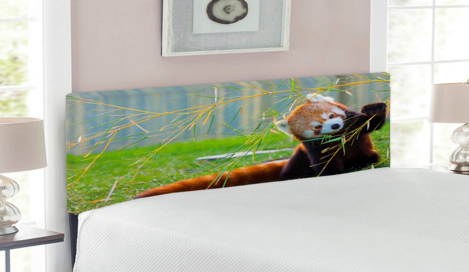 Ambesonne Africa Upholstered Metal Headboard - Panda Playing Bamboo Branches Design, Himalayan Mountains Theme, Queen Size Bed Headboard with Memory Foam in Brown Red | Perfect for Bedroom Decor, Guest Room, and Kids' Room