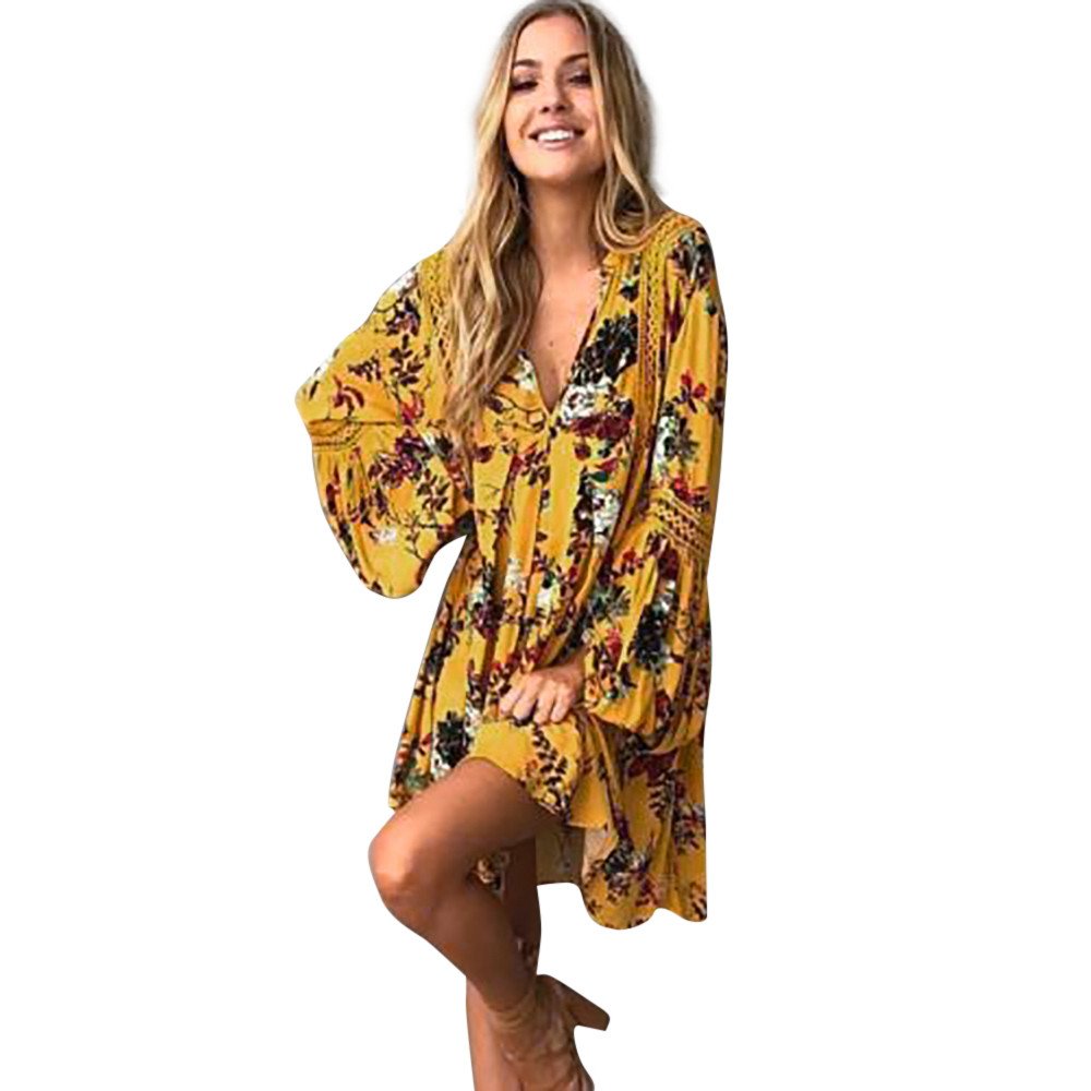 Quealent Women's Bohemian Vintage Printed Ethnic Style Summer Shift Dress - Flowy & Comfortable for Beach, Vacation, and Casual Outings