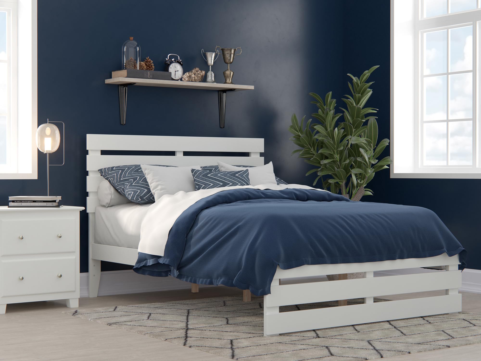AFI Oxford Full Size Platform Bed Frame with Footboard & USB Charging Station - White Wooden Bed for Modern Bedroom, Perfect for Small Spaces & Guest Rooms